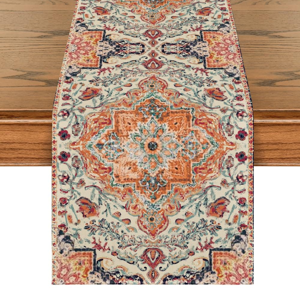 Artoid Mode Boho Bohemia Style Orange Table Runner, Country Rustic Farmhouse Magical Fall Kitchen Dining Table Decoration for Home Party Decor 13x60 Inch