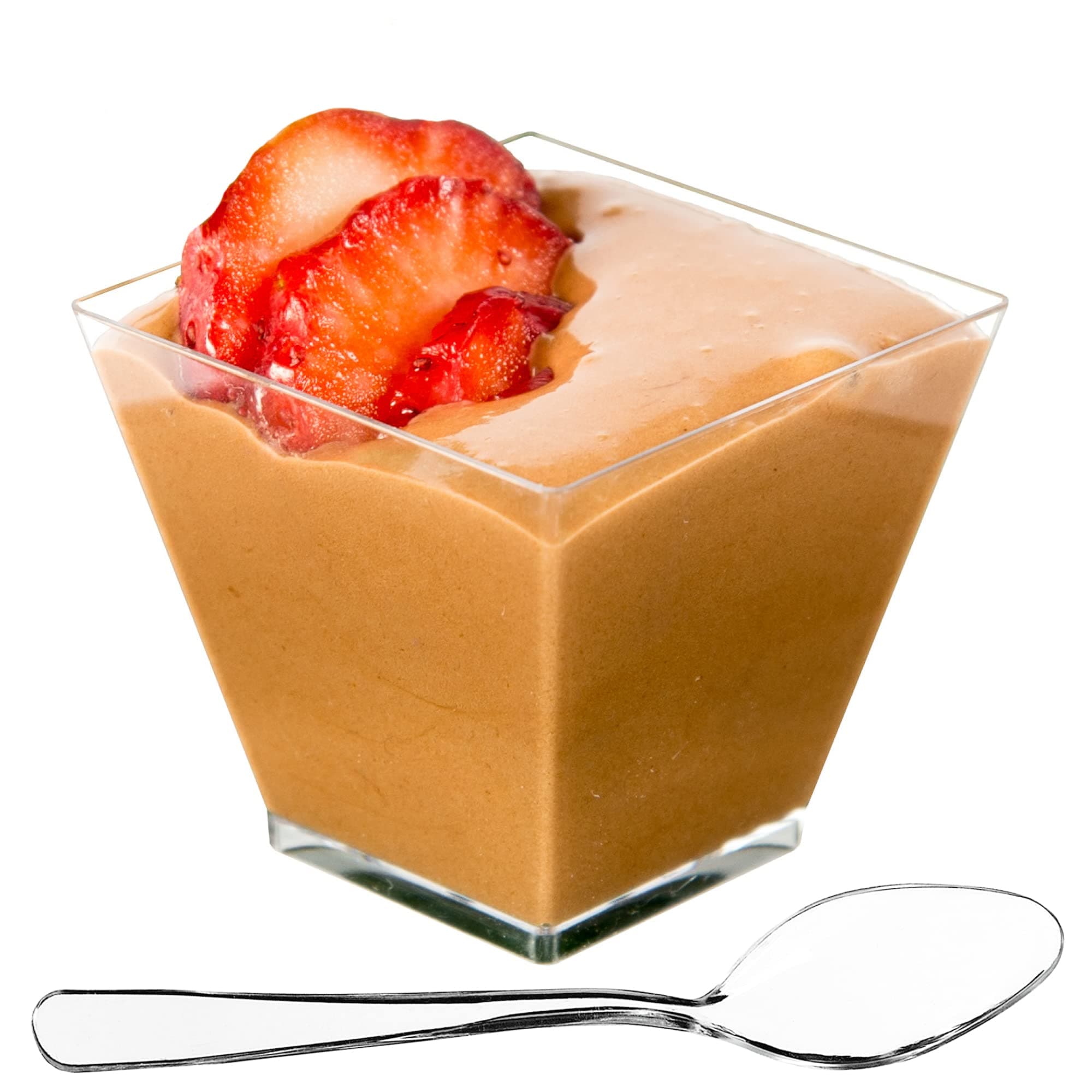 50 x 3.5oz Square Mini Dessert Cups with Spoons, Clear Plastic Parfait Appetizer Cup - Small Reusable Serving Bowl for Tasting Party Desserts Appetizers - With Recipe Ebook