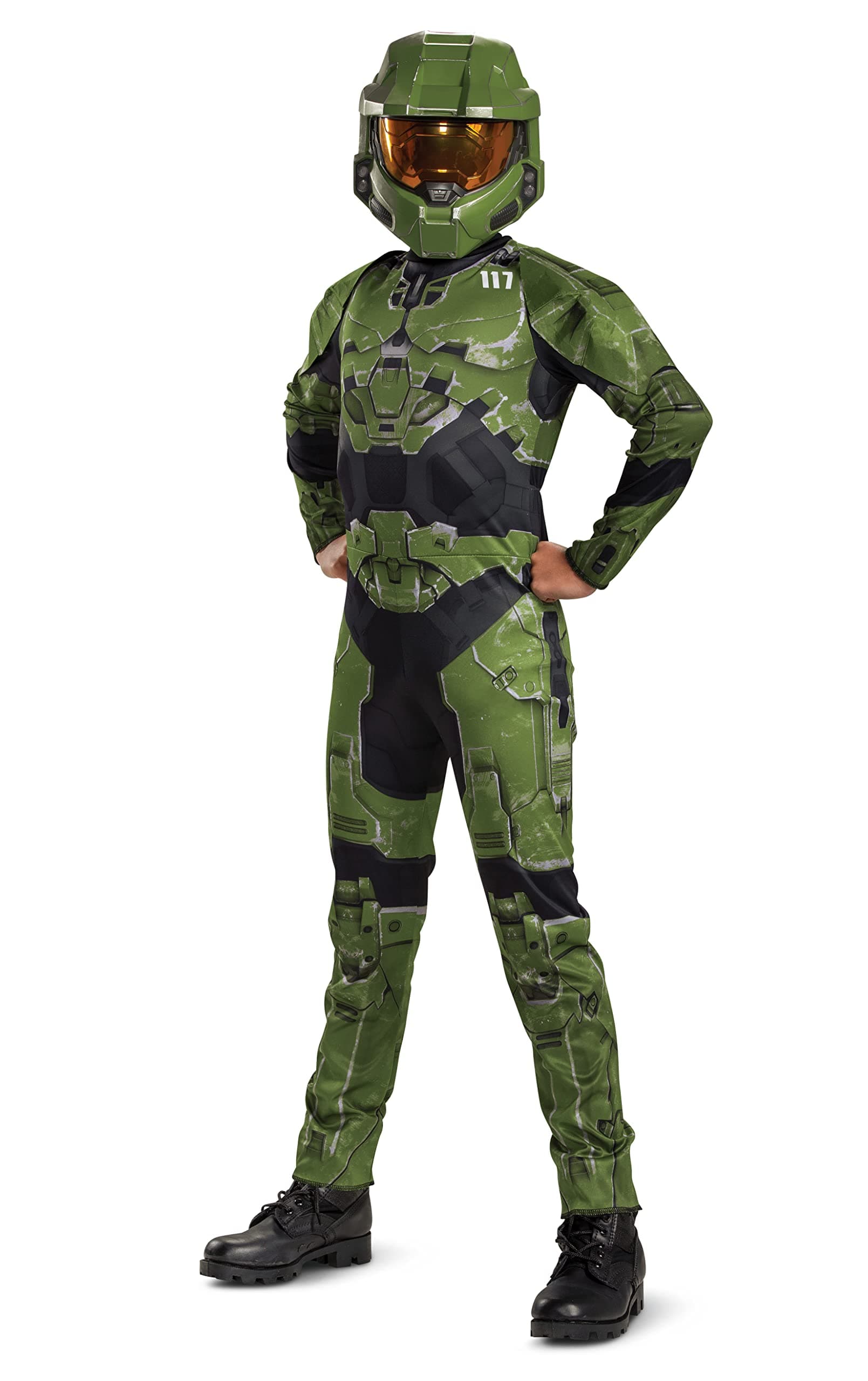 Halo Infinite Master Chief Costume, Kids Size Video Game Inspired Character Jumpsuit, Classic Child Size Large (10-12)