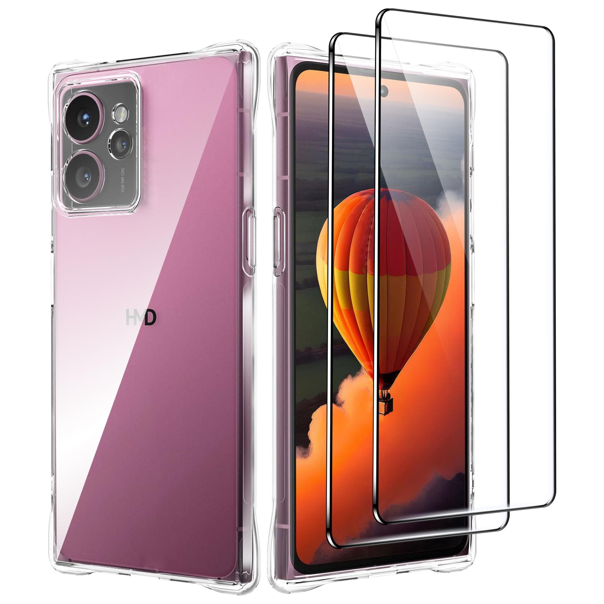 HMD Skyline Clear Case with 2 PC Tempered Glass Screen Protector, Soft TPU Silicone Case with Camera Case, Shockproof