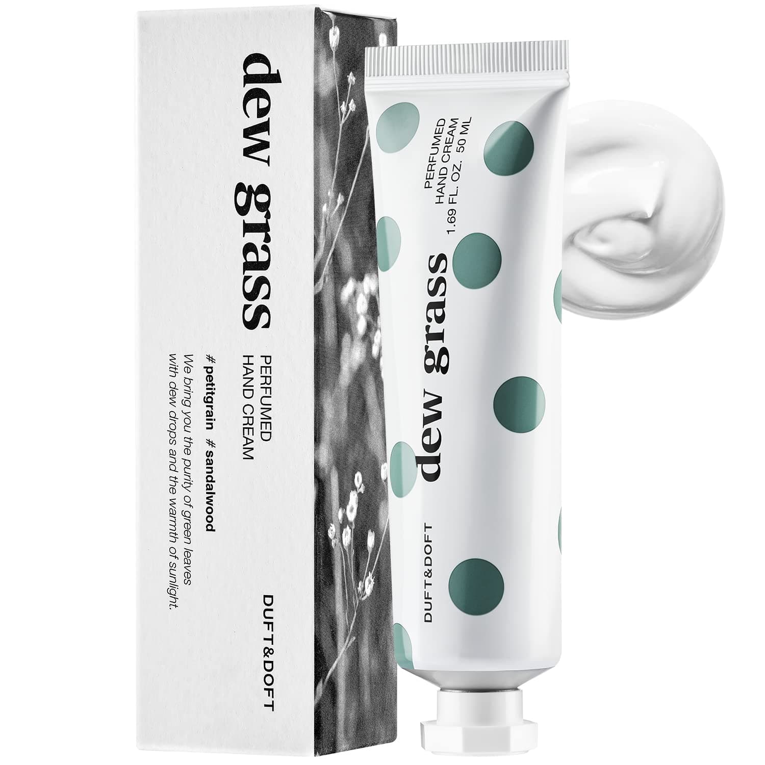 DUFT&DOFT Hand Cream for Dry Cracked Hands –Iris, Tuberose, and Sandalwood Scented Lotion - Moisturize Dry Skin and Repair Damaged Skin – Dew Grass Perfumed Hand Cream, 1.69oz.