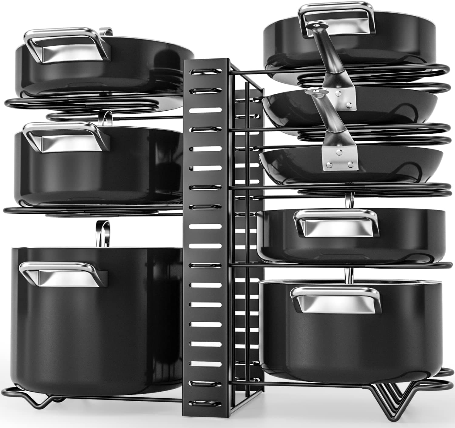 e World Pots and Pans Organizer for Cabinet,Kitchen Organizer and Storage Rack,Space Saving Stand with Adjustable Dividers,8 Layer Double Sided With Iron Wire Black.
