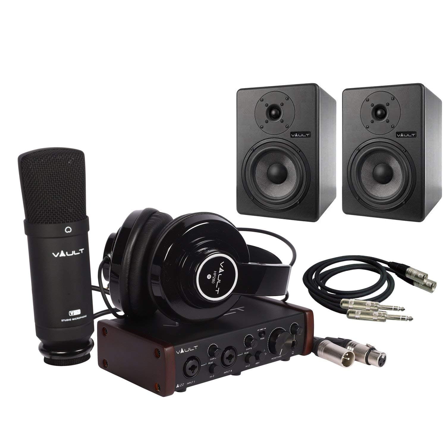 Vault Ai22 Complete Home Studio Bundle with Bitwig 8-Track and Free Online Course (Includes Ai22 Audio Interface + C6 6" Studio Monitors + HD680 Studio Headphones + VCM Condenser Microphone and Accessories.