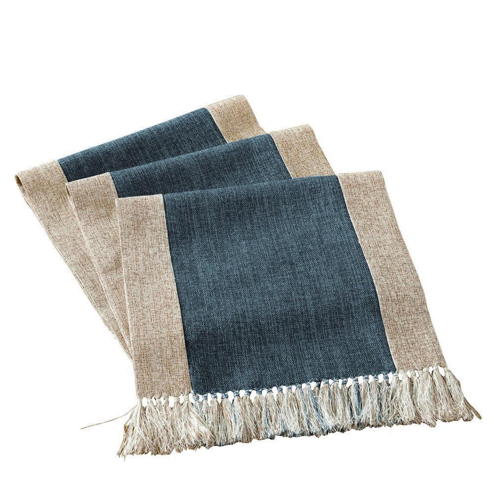 Heavy Rustic Table Runner with Fringe - Blue Linen Table Runner for Dining & Living Room - Boho Farmhouse Style - Washable - Wide 15 x 71 Inch