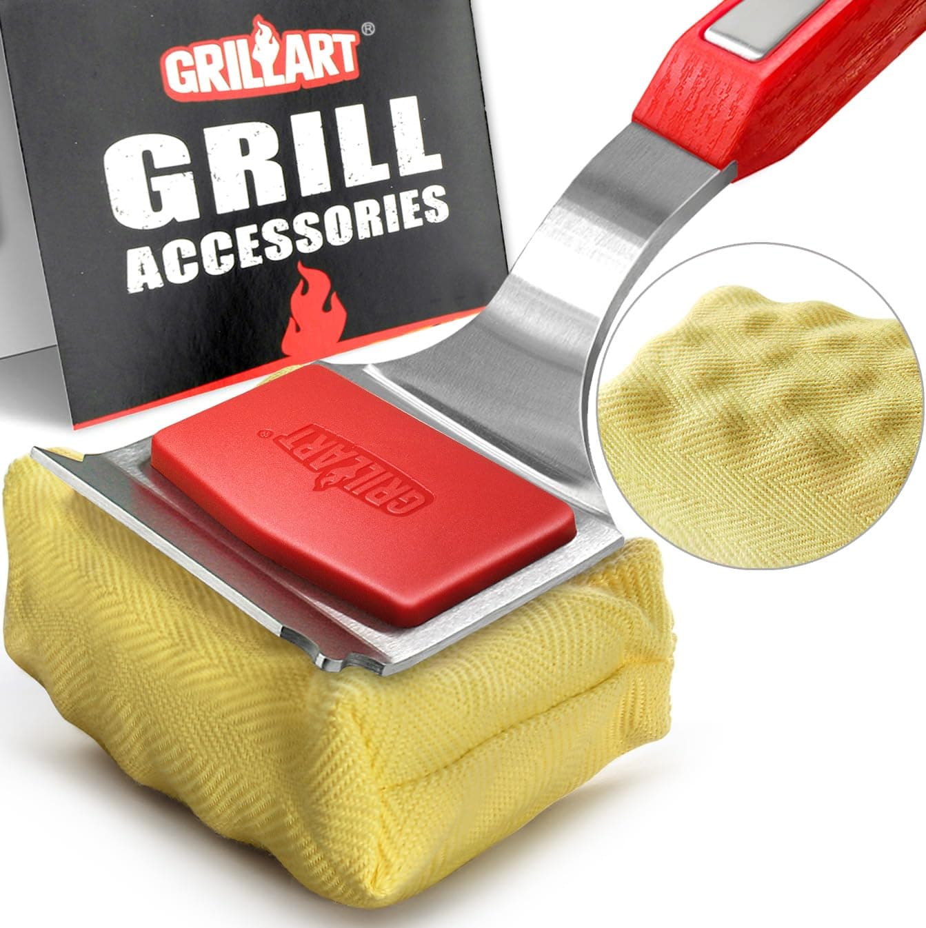 Grill Brush Bristle Free BBQ Replaceable Cleaning Head - [Upgraded] Safe Barbecue Grill Cleaner Solid Stainless Steel Handle with Built-in Scraper and Hanging Hole for All Types Grill Grates