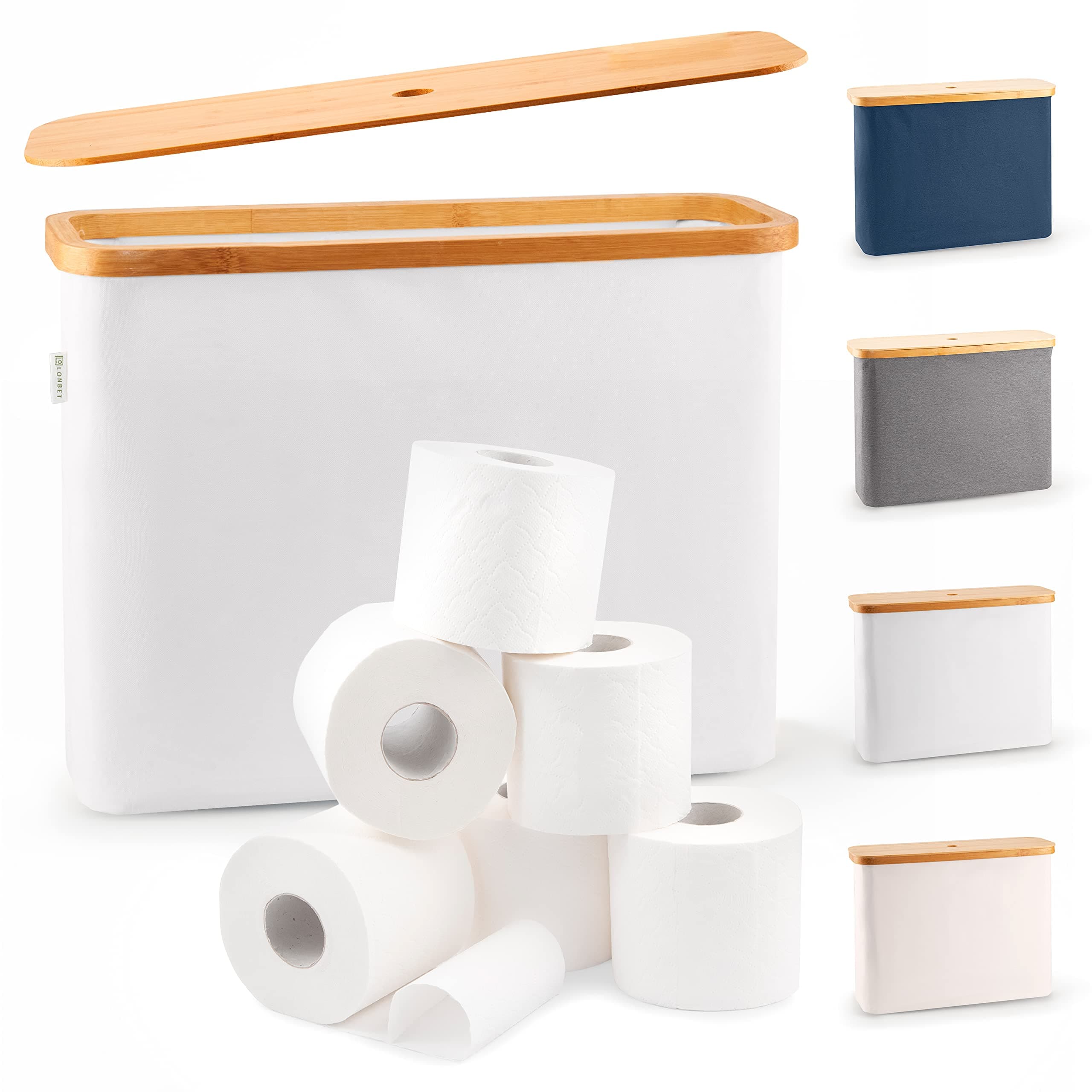LONBET Toilet Paper Storage for 12 Rolls, Stackable & Foldable - The Ultimate Bathroom Organizer - Waterproof Basket with Bamboo Lid - Elegant Toilet Paper Storage Holder, Light Gray