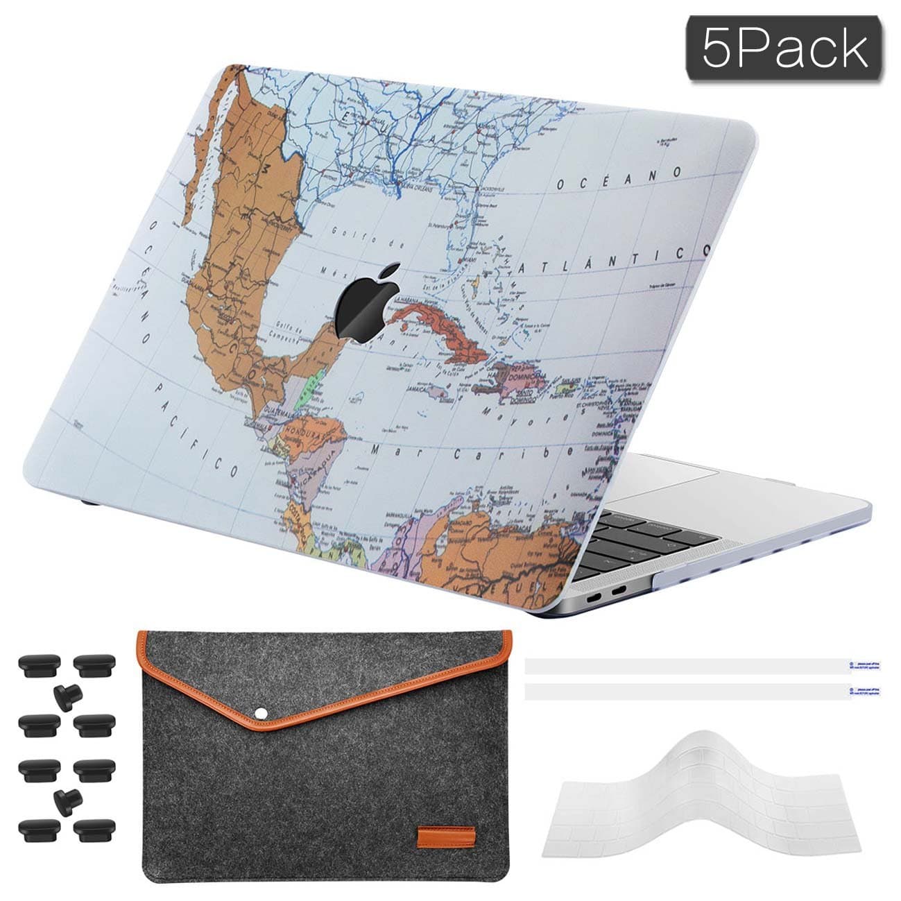 ASICEN 13inch Macbook Pro Case Cover Shell 2016/2017 (A1706, A1708) Rubberized Anti Slip Ultra Lightweight Hard Laptop Case with Felt Bag,Keyboard Cover,Touch Bar Protectors,Anti Dust Plugs--Color Map