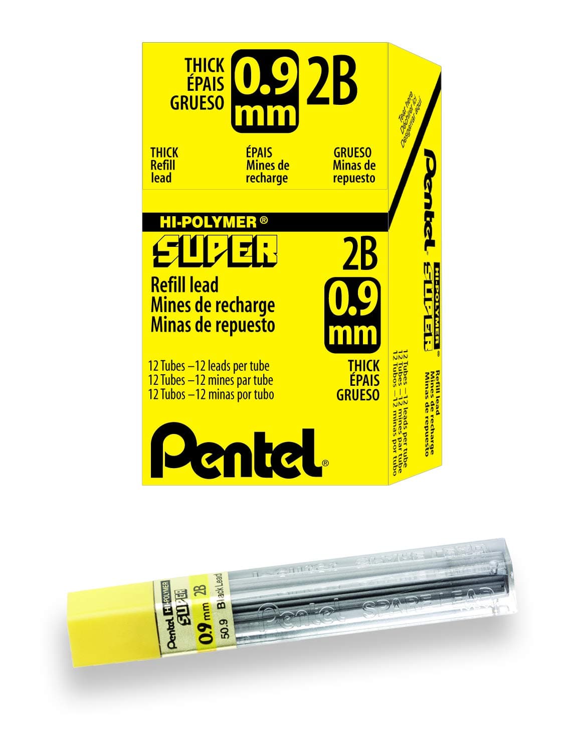 Pentel Super Hi-Polymer Lead Refill, 0.9mm Thick, 2B, 180 Pieces of Lead (50-9-2B),Gray