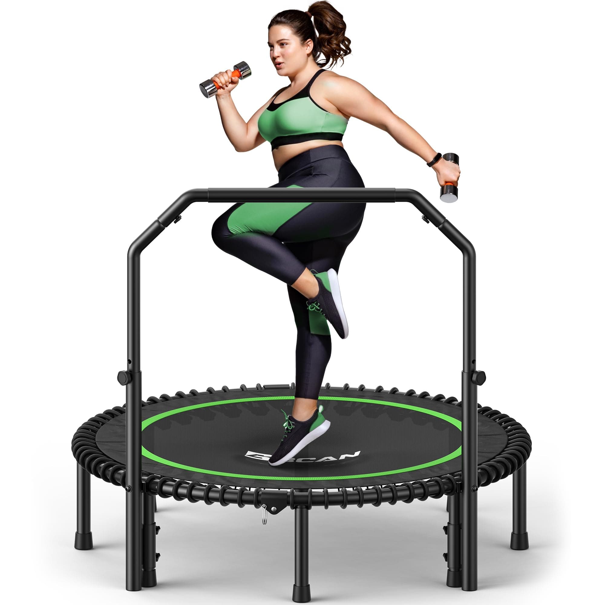 BCAN 450/550 LBS Foldable Mini Trampoline, 40"/48"/50" Fitness Trampoline with Bungees, Adjustable Foam Handle, Stable & Quiet Exercise Rebounder for Kids Adults Indoor/Garden Workout