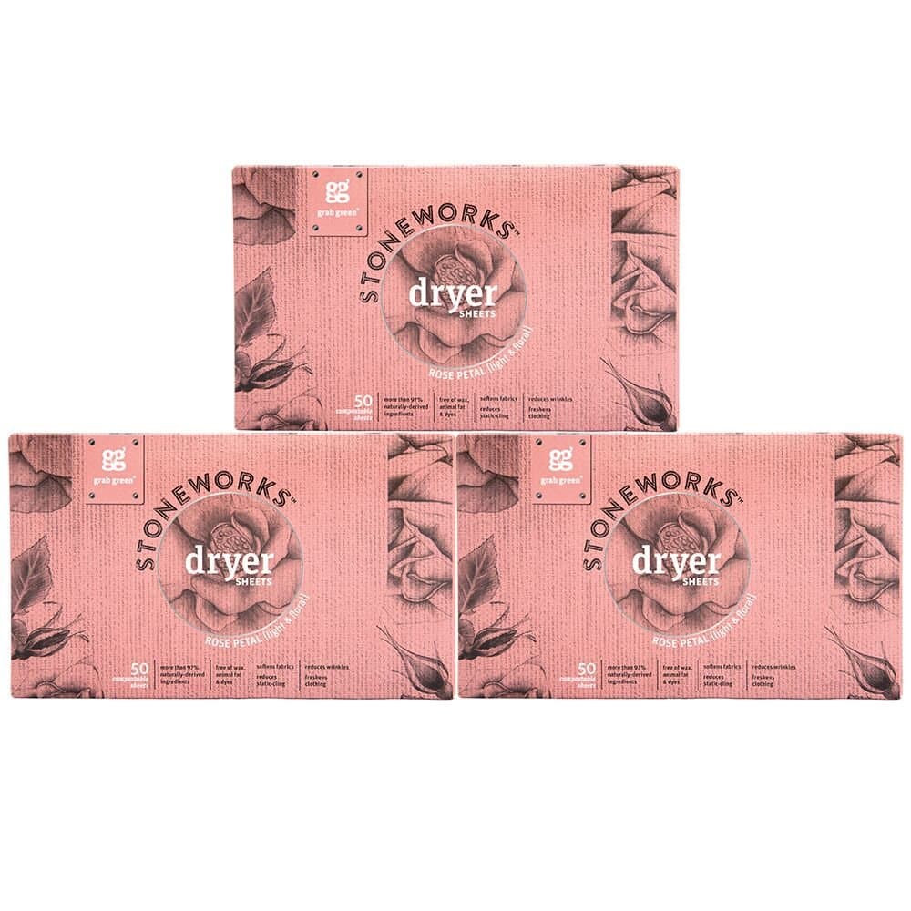 Grab Green Stoneworks Dryer Sheets, Naturally-Derived & Compostable, Free of Wax & Animal-Derived Ingredients, Rose Petal, 50 Sheets, 3-Pack
