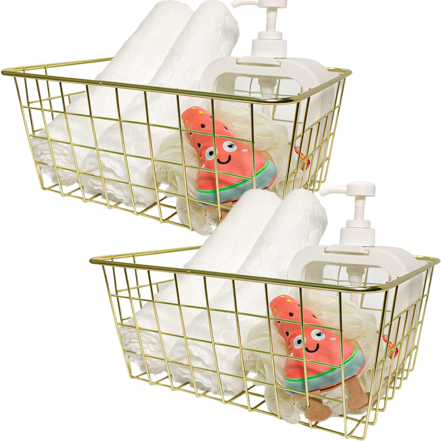 2 Gold Wire Baskets - Gold 2 Pack Wire Basket Set | Storage | Decor | Crafts | Kitchen Organizing | Great for Closets | Cabinets | Pantries | Tables | Counter Tops | Office Storage