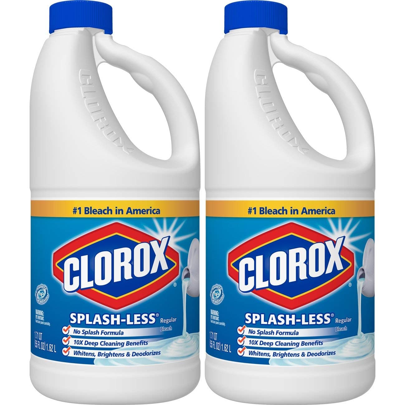 Clorox Splash-Less Bleach, Regular, 2 Pack of 55 fl oz Each/ 110 Ounces Total, Real Bleach Made Simple™