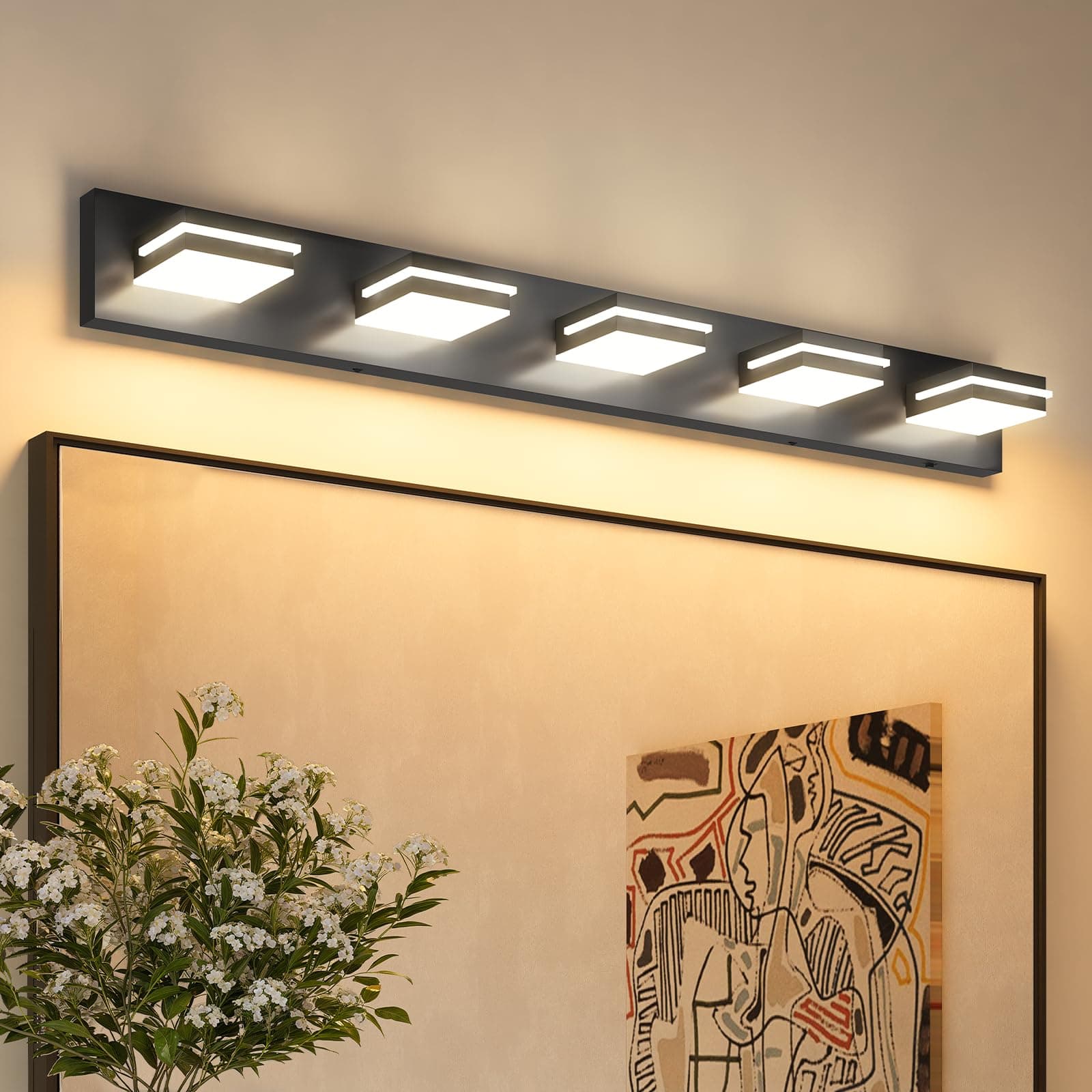 VOLISUN Modern 5-Light, 40-Inch Black Bathroom Vanity Light Fixtures Over Mirror, 5CCT Dimmable, Energy Efficient, ETL Certificated