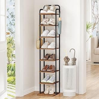 Hzuaneri 8 Tiers Vertical Shoe Rack, Narrow Shoe Tower, Tall Shoes Shelf with 2 Hooks, Adjustable Shelves, Corner Shoes Shelves for Small Spaces, Entryway, Living Room, Rustic Brown SR04301B