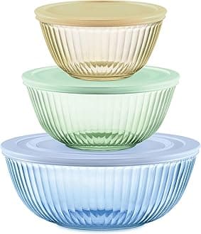 Colors Tinted (3-Pack, Full Set) Sculpted Tinted Glass Mixing Bowls With Plastic Lids, Nesting Space Saving Set of Bowls For Prepping and Baking, 1.3QT, 2.3QT & 4.5QT