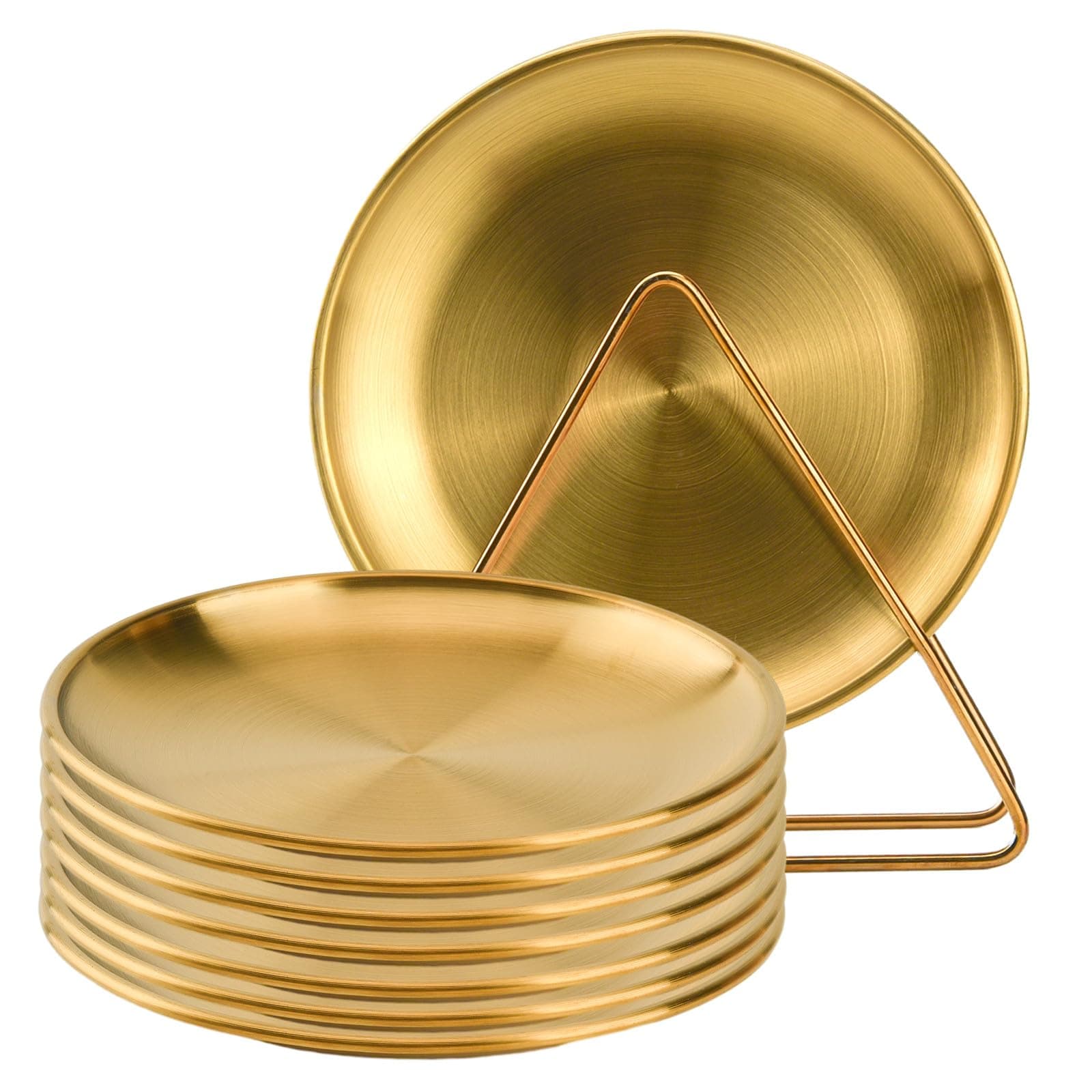 8-piece 6.5-inch appetizer plate with stand set Gold silver stainless steel round plates Suitable for cakes desserts, salads, dips, snacks, side dishes (Gold, 6.5inch)