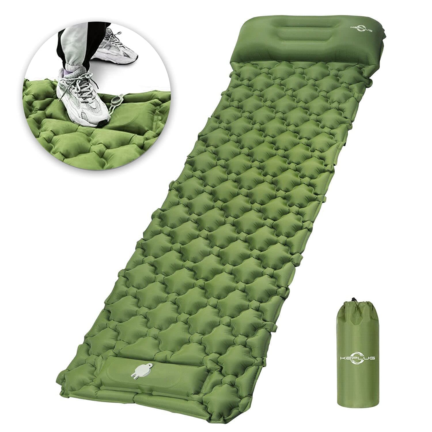 KEPLUG Inflatable Sleeping Pad for Camping, Ultralight Waterproof Sleeping Mat w/Pillow, Foot Pump Quick Inflation & Deflation, Thick Air Mattress w/Carrying Bag for Backpacking Hiking Tent Travel