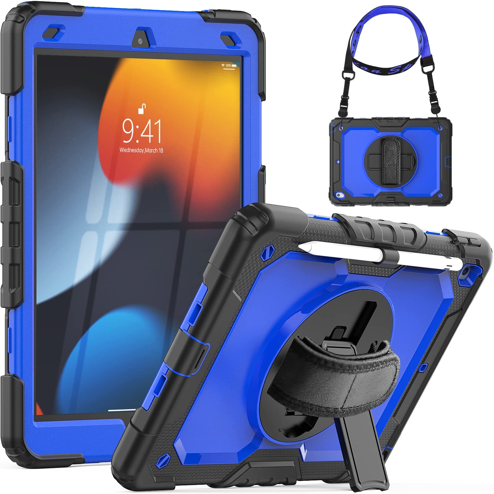 SEYMCY iPad 10.2 inch Case, Shockproof Case for iPad 8th Generation (2020)/7th Generation (2019), 360 Rotating Hand Strap/Kickstand Case with Screen Protector/Pencil Holder for iPad 10.2'',Black/Blue