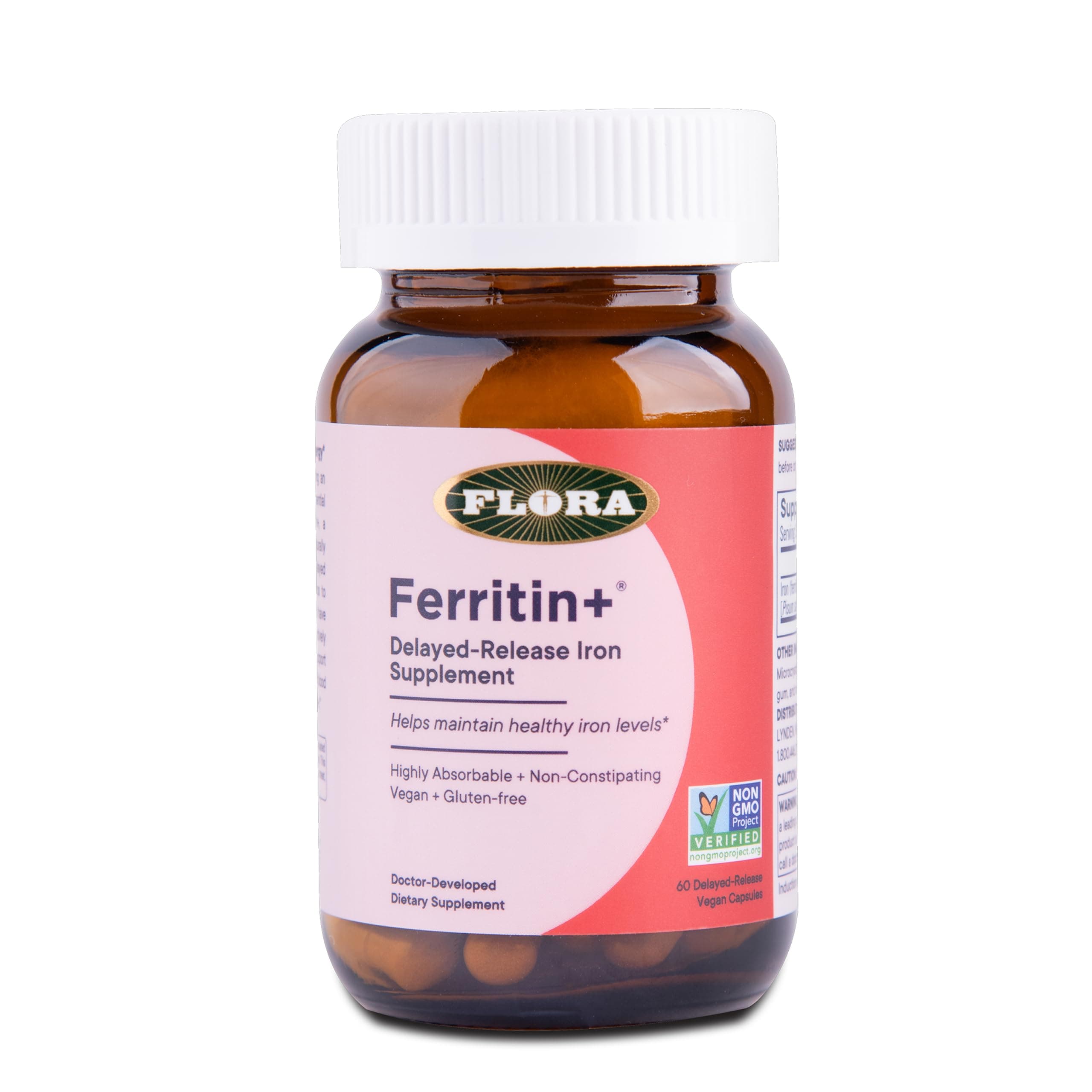 Flora Ferritin+ Delayed-Release Iron Supplement - Plant-Based Iron Supplement - Blood Cell & Energy Support - Vegan & Gluten-Free - Amber Glass Bottle - 60 Vegan Capsules