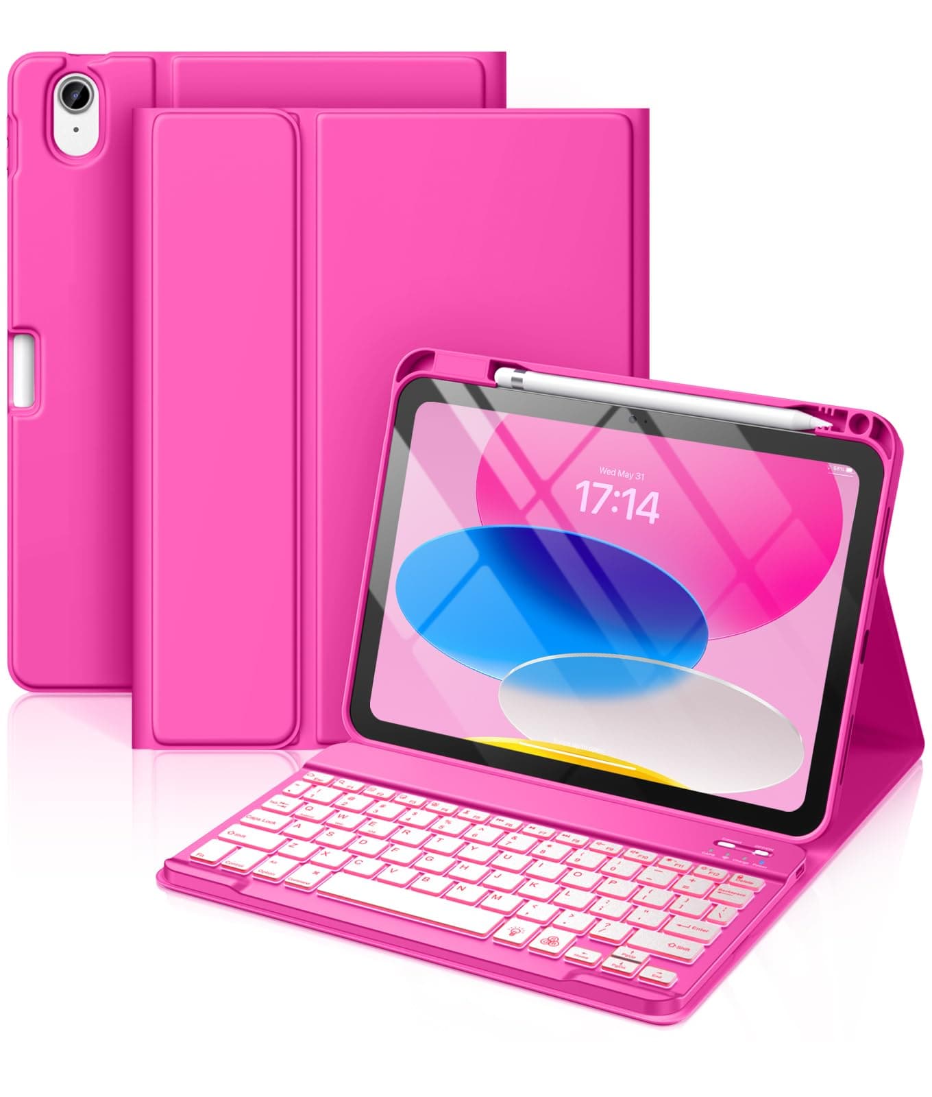Hamile for iPad 11th 10th Generation Case with Keyboard - 7 Colors Backlit Wireless Detachable Folio Keyboard Cover with Pencil Holder for iPad 11-inch A16 2025 10th Gen 10.9 Inch 2022 (Hot Pink)