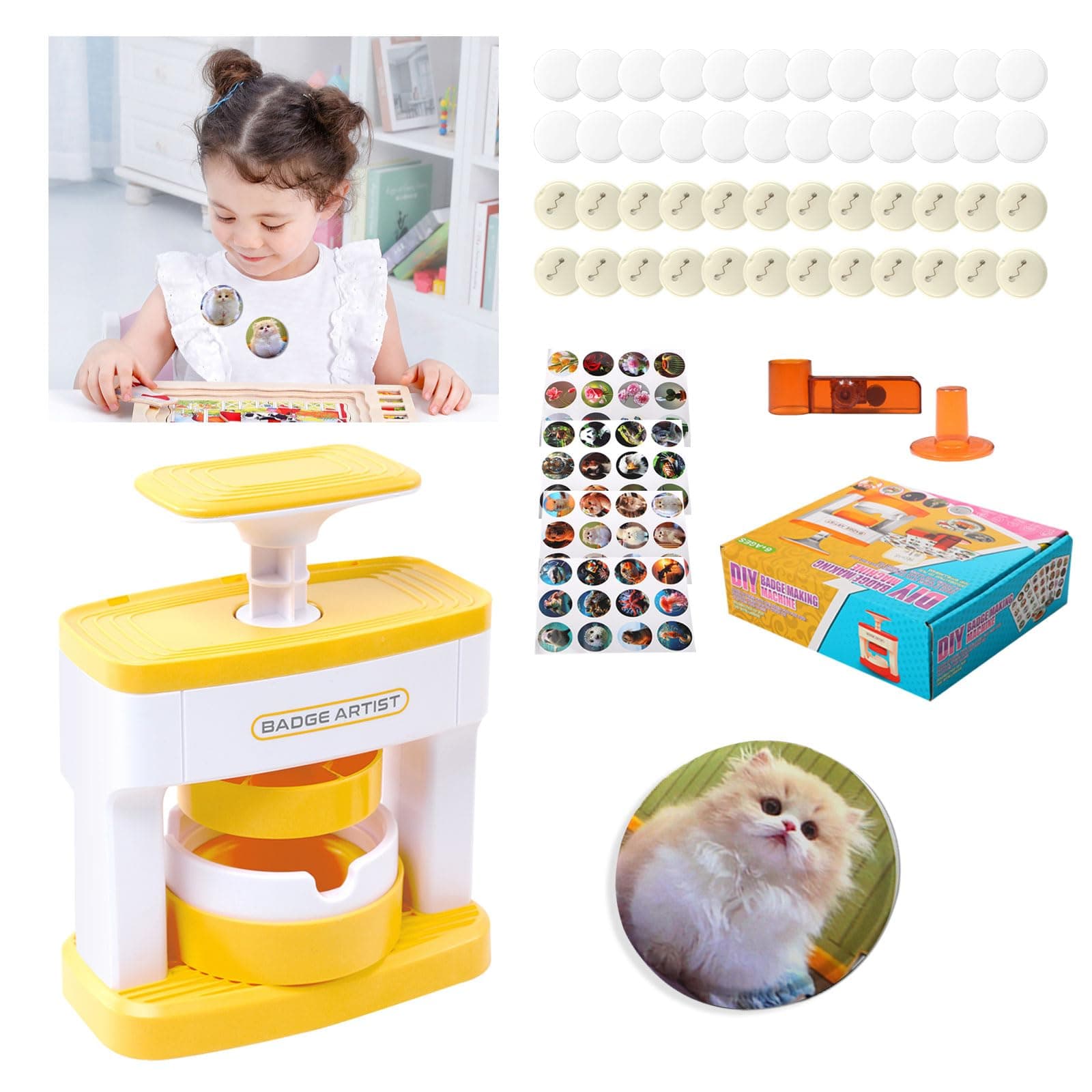 Badge Maker Machine, Badge Machine Kids Pin Maker Machine DIY Badge Making Machine, Badge Press Machine, Round Button Badge Maker with 48Pcs Button Parts and Cute Stickers (A Type)