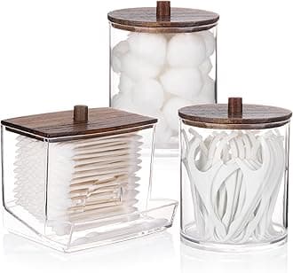 Tbestmax Qtips Dispenser Bathroom Container, 10/12 oz Big Cotton Ball Holder, Apothecary Jar Organizer for Storage Cotton Swab, Round Pads, Floss Picks (Brown Wood Lids)