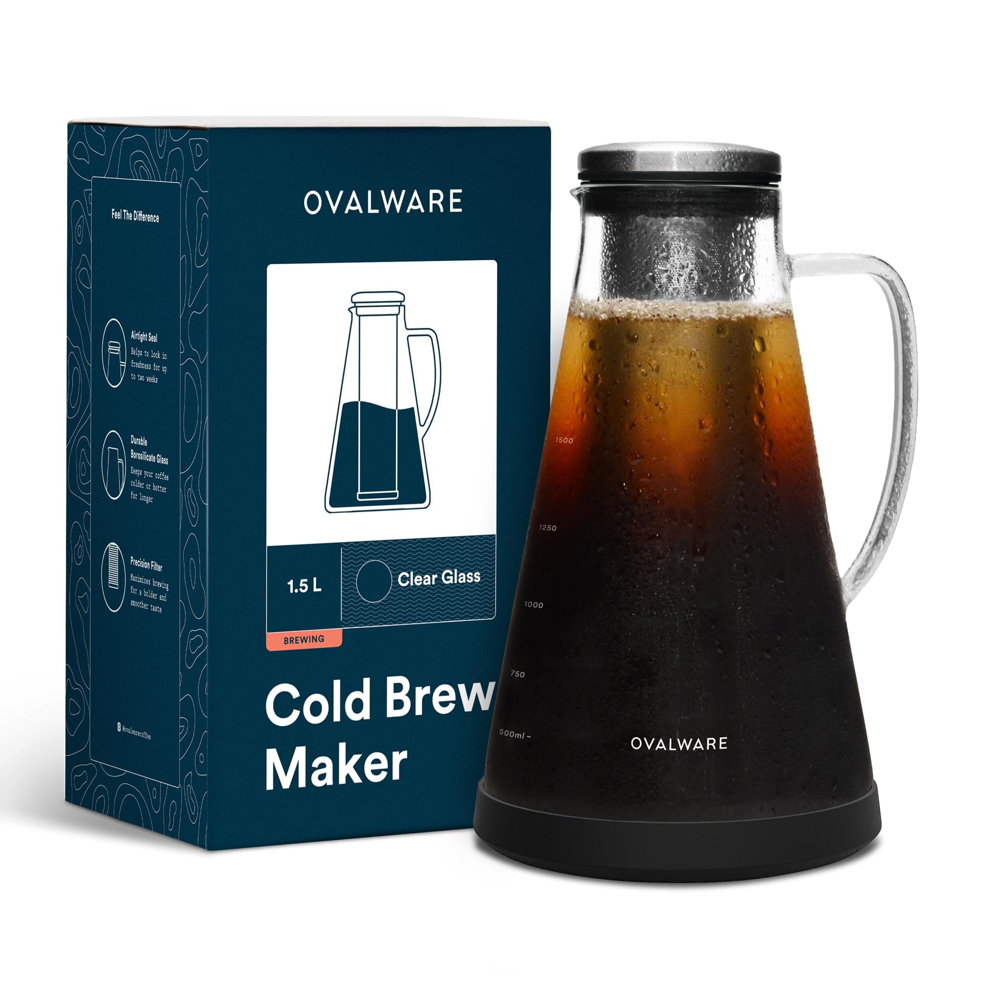 Airtight Cold Brew Iced Coffee Maker (& Iced Tea Maker) with Spout – 1.5L/51oz RJ3 Brewing Glass Carafe with Removable Stainless Steel Filter