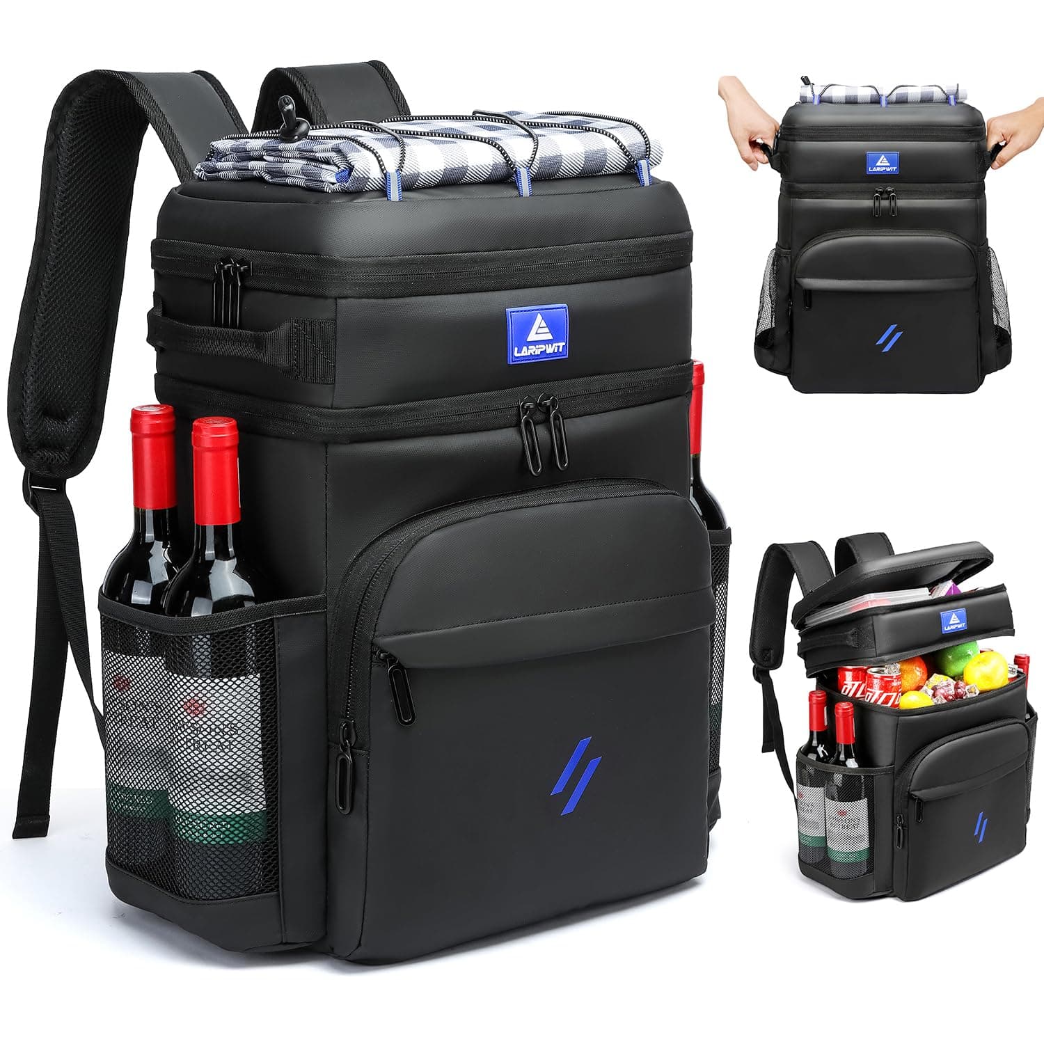 Picnic Backpack Cooler Bag - 54 Cans Black Cooler Backpack Insulated Leak-Proof Lunch Backpack with Cooler Compartment Large Double Deck Soft Cooler Bag for Beach,Camping,Travel