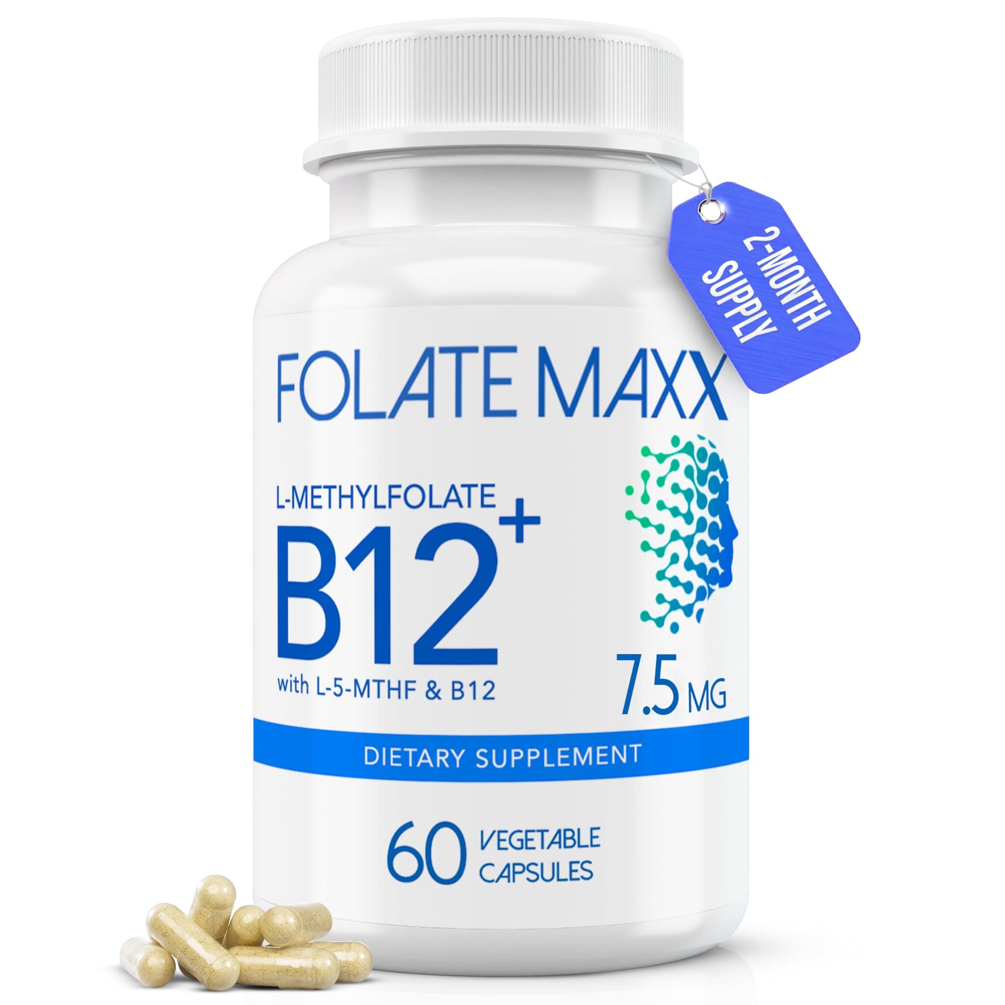 L-Methylfolate + B12 Methylcobalamin Blend 7.5mg - 60 Capsules - Active Folic Acid & Methylated B12-5-MTHF & B12 Supplement for Men & Women - Non GMO, Gluten Free, No Fillers