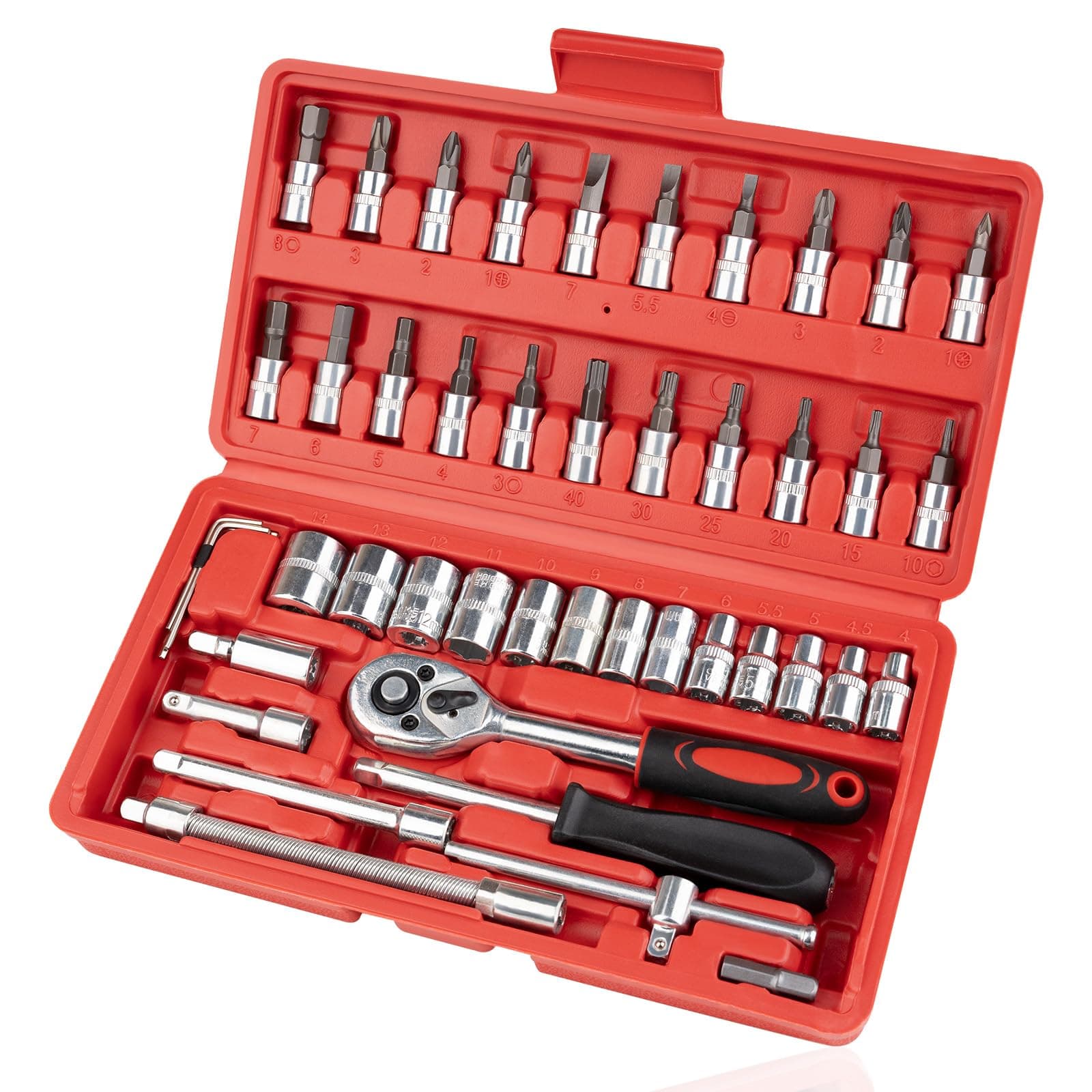 1/4 Inch Ratchet Small Drive Socket Wrench Screwdriver Set, 46PCS Metric and Standard Socket Tool Sets with Extension Bar, Upgrade Compact Snap on Socket and Wrench Set for Automotive and Home Repairs