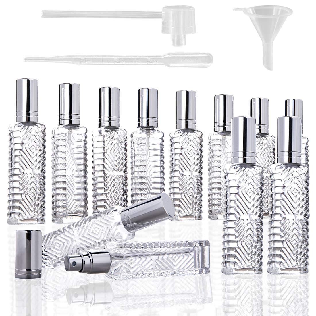 YU FENG 12pcs Perfume Bottles Empty Clear Glass Atomizer Spray Bottles Empty Refillable for Perfume Essential Oil,Packed with Funnels Pipettes Dispensers Engraved Taj Mahal Style(13ml)