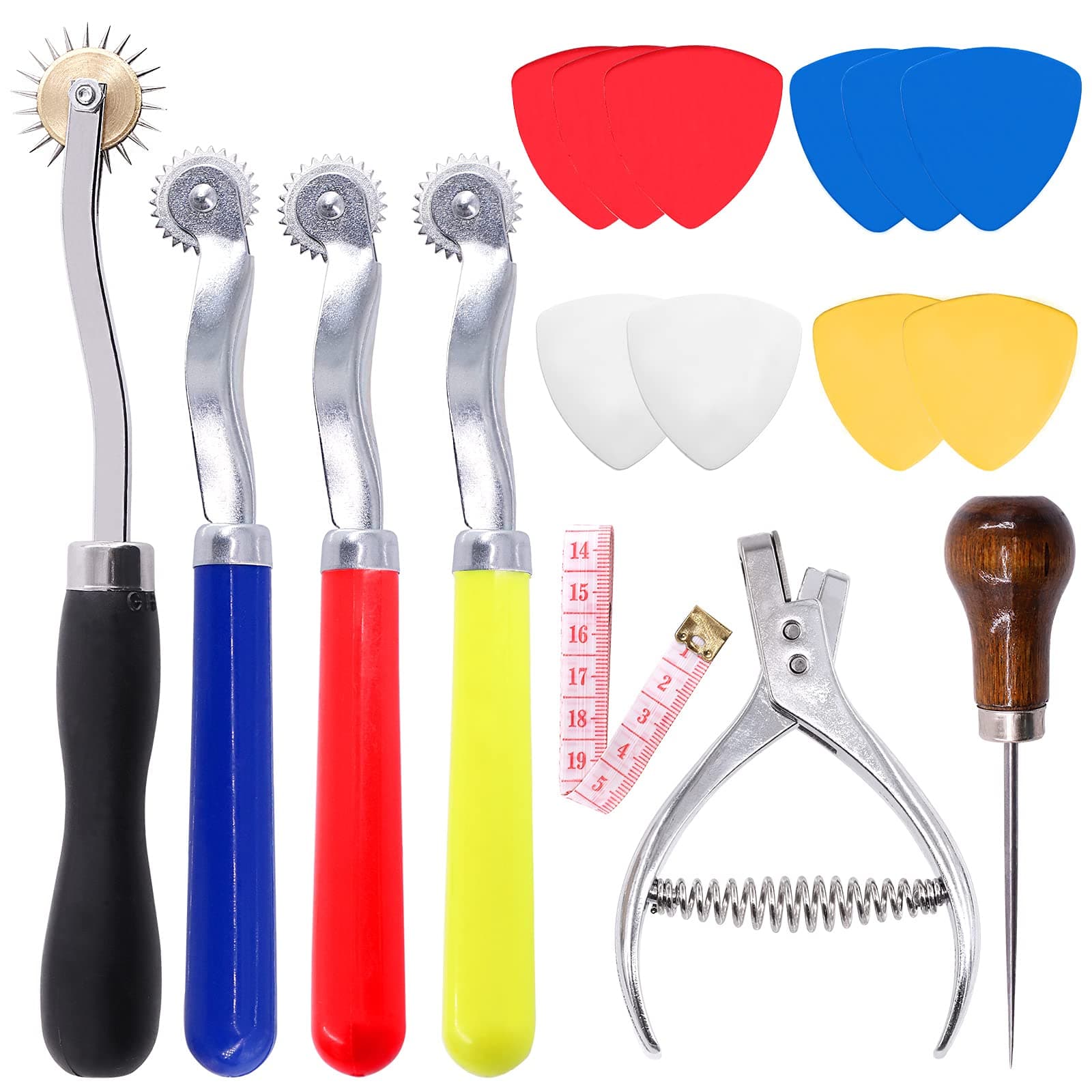17 PCS Sewing Tool Set including 4 PCS Tracing Wheel, Wood Handle Scratch Awl, Pattern Notcher 45N and 10 PCS Triangle Tailor's Chalk (Blue/Red/Yellow/ White)Sewing Tailor Ruler for Sewing