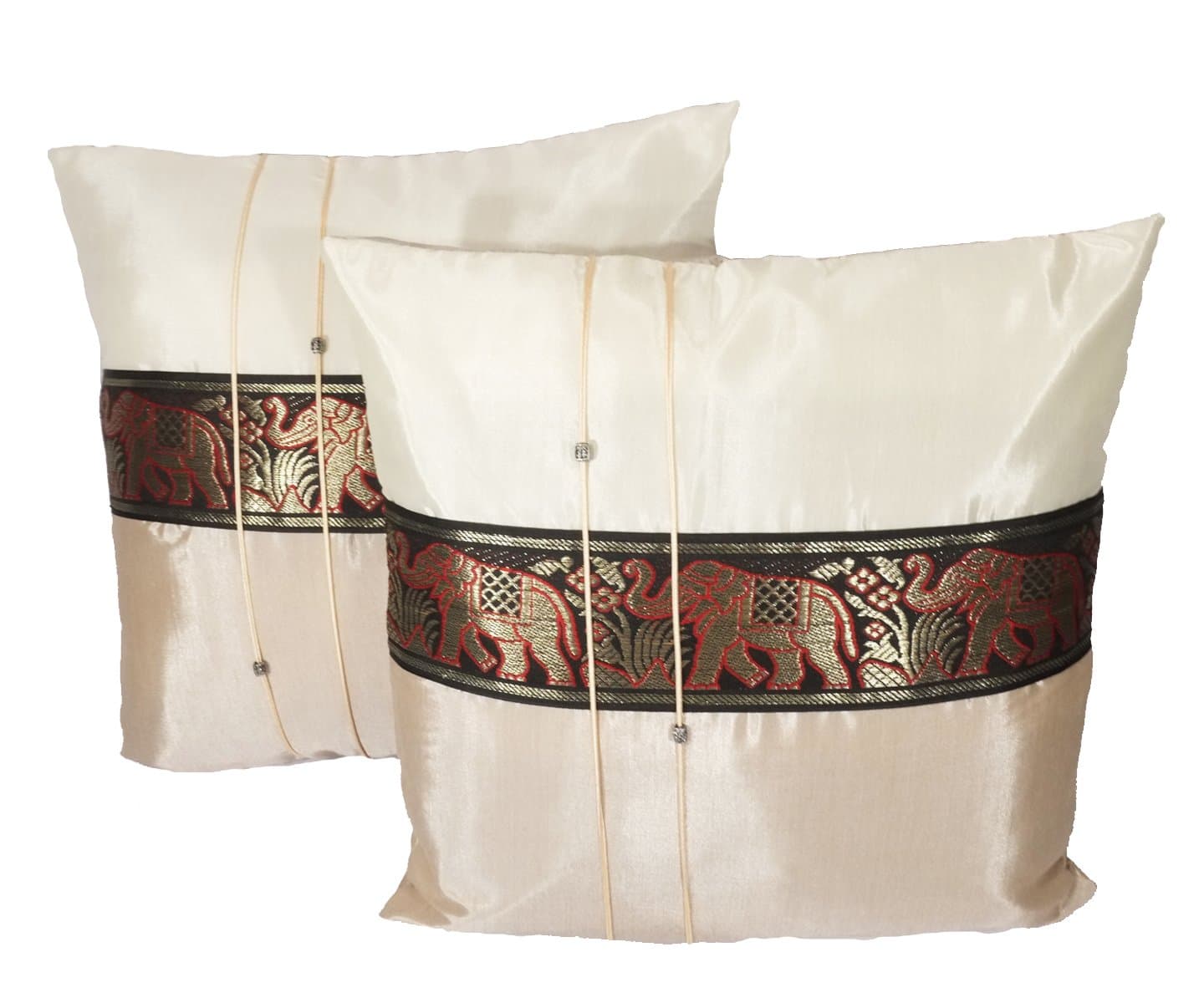 One Pair Big Elephant Stripe Throw Cushion Cover/Pillow Case Thai Silk for Decorative Sofa, Car and Living Room Size 16 X 16 Inches (Ivory)