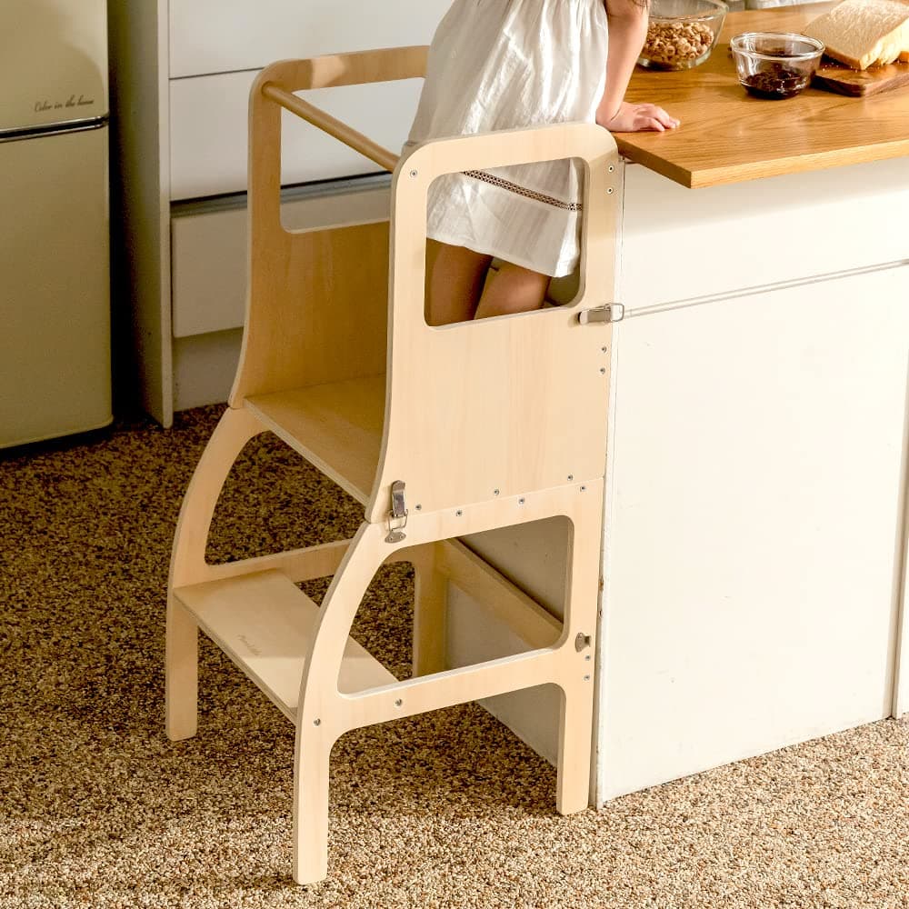 MomnLittle 2 in 1 Convertible Kids Kitchen Step Stool, Table and Chair Wooden Kitchen Helper Learning Tower for Toddler