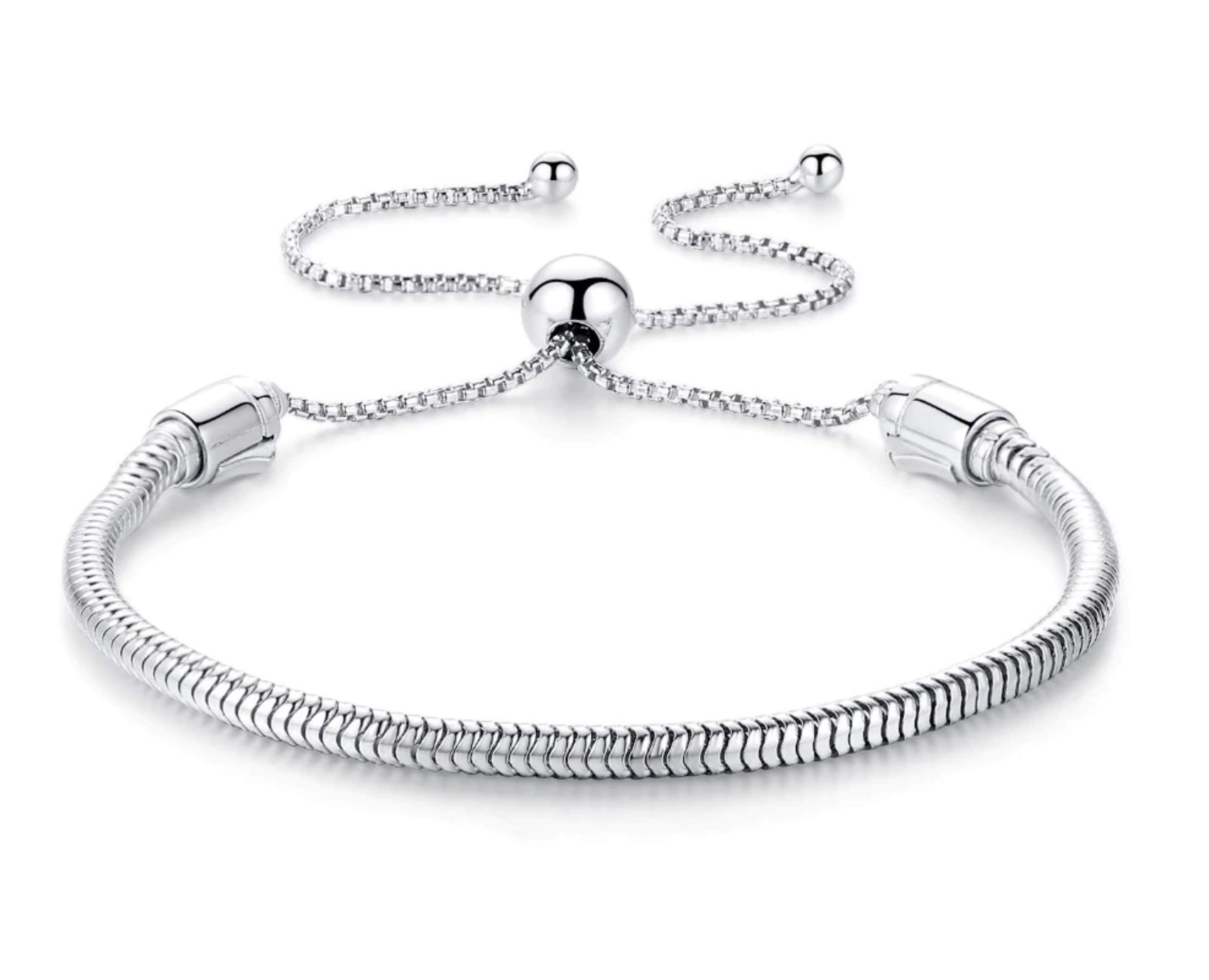 EVESCITY COLLECTIONAuthentic EvesCity 925 Silver Adjustable Twist On/Off Silver Bracelet fits Pandora Beads Charms