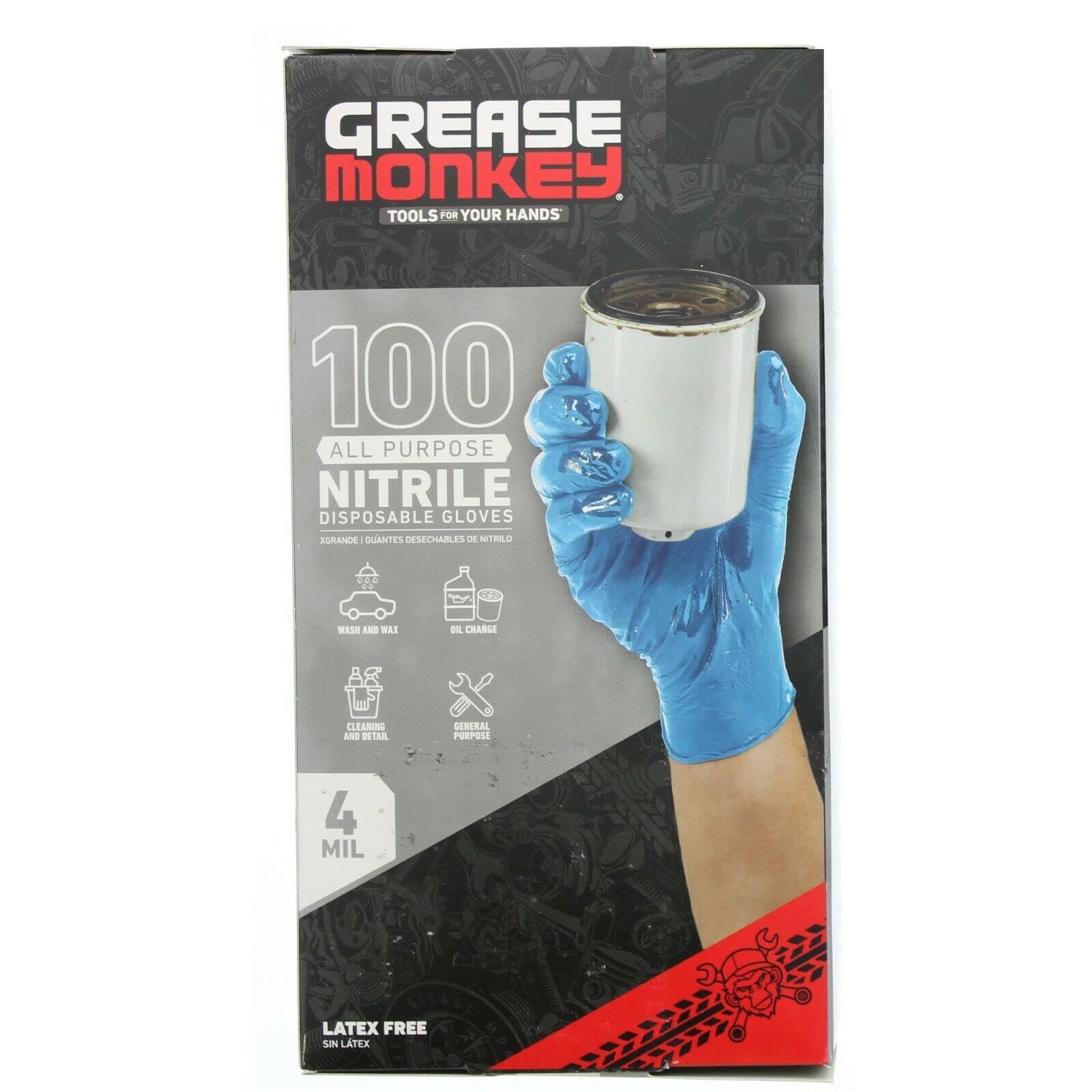 Grease Monkey All Purpose 4 Mil Thickness Disposable Nitrile Gloves - 100 Count, blue, fits all (13570-110)