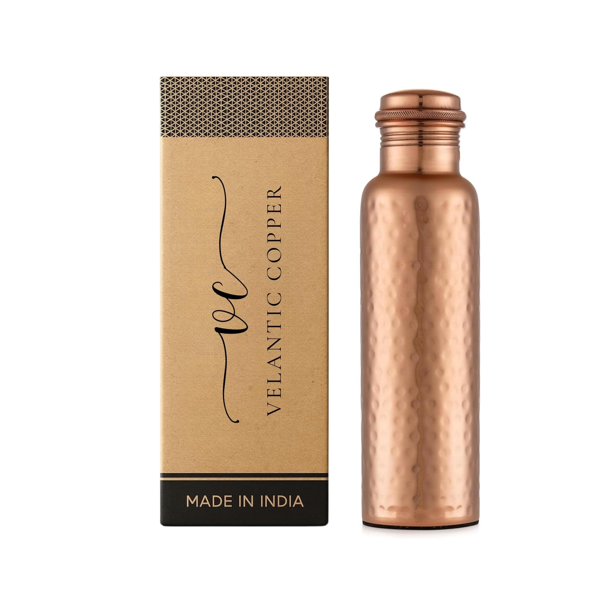 Pure Copper Water Bottle - 32 oz - Handcrafted BPA Free Non-Insulated Jointless Leakproof Durable Metal Bottles for Sports and Travel - Glossy Hammered