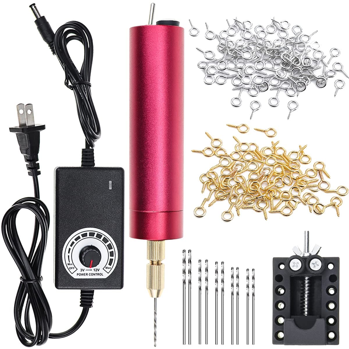 Electric Mini Drill with 10 Pcs Twist Drills Bits (0.81.2mm) and 200 Pieces Eye Screw for Resin, Plastic,Wood Polymer, DIY Jewelry, Key Chain Making, ZYdrill set