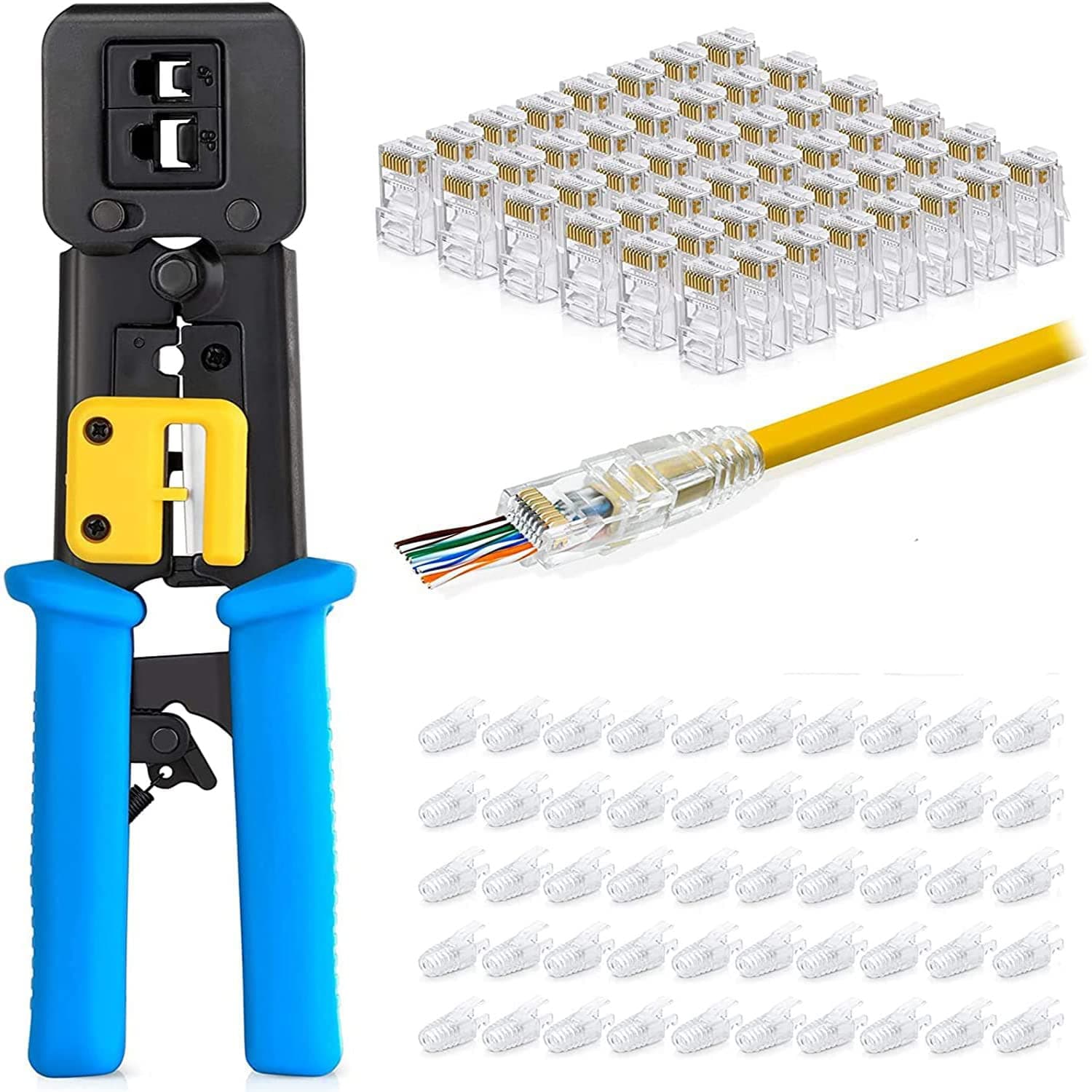 Beauenty RJ45 Crimp Tool Pass Through Connector End With Cat6 Crimping Tool Kit for RJ45 RJ12 Regular,50 Cat6 straight-through connectors, 50Pcs Covers and Mini Wire Stripper (A)