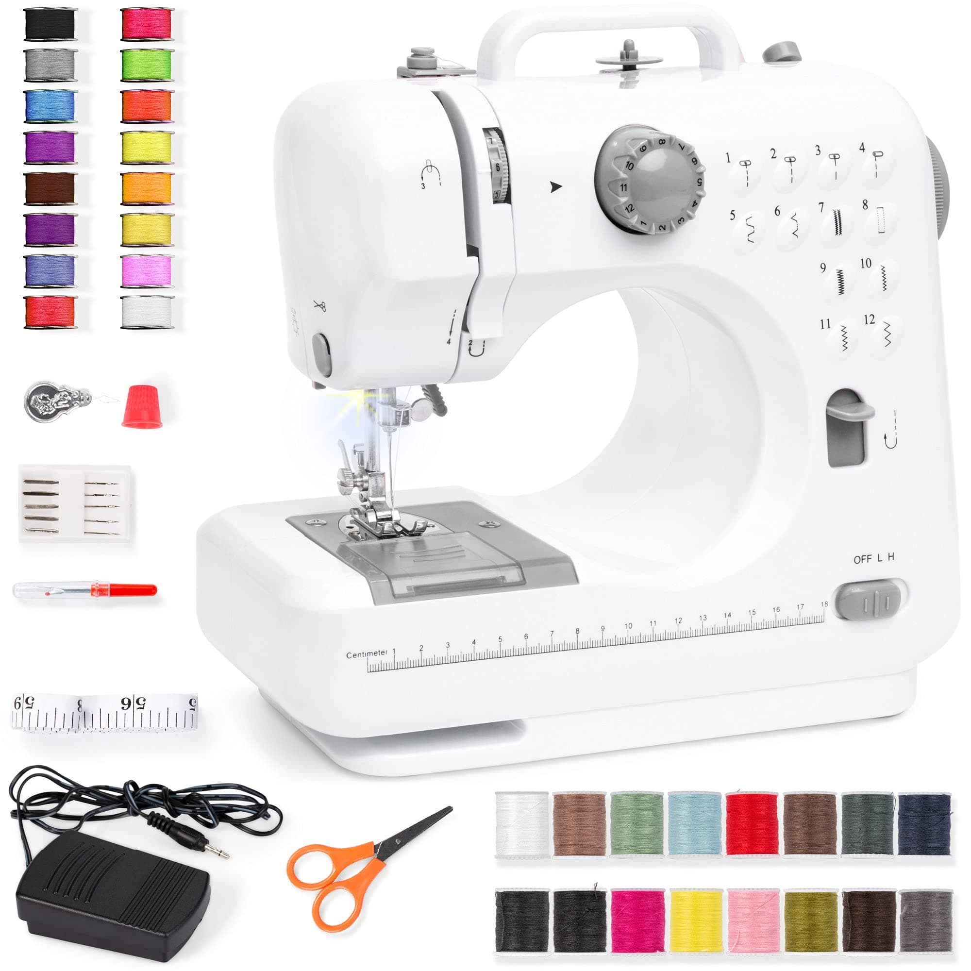 Compact Sewing Machine, 42-Piece Beginners Kit, Multifunctional Portable 6V for Beginner w/ 12 Stitch Patterns, Light, Foot Pedal, Storage Drawer - Gray/White