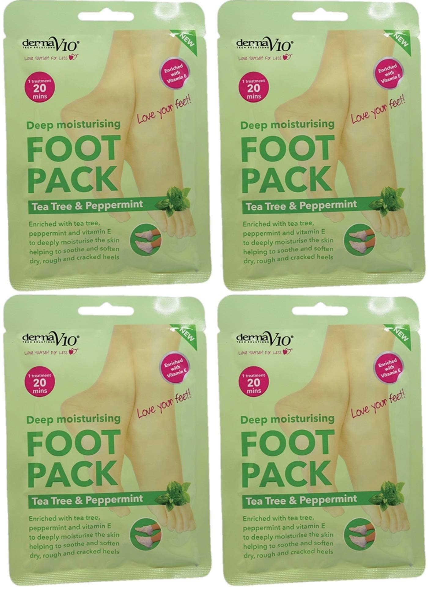 Derma V10 Foot Pack Mask (4 Pack) Deep Moisturising Tea Tree and Peppermint Oil, Honey and Almond Oil Moroccan Argan Oil & Hemp Seed Oil (Tea Tree and Peppermint Oil)