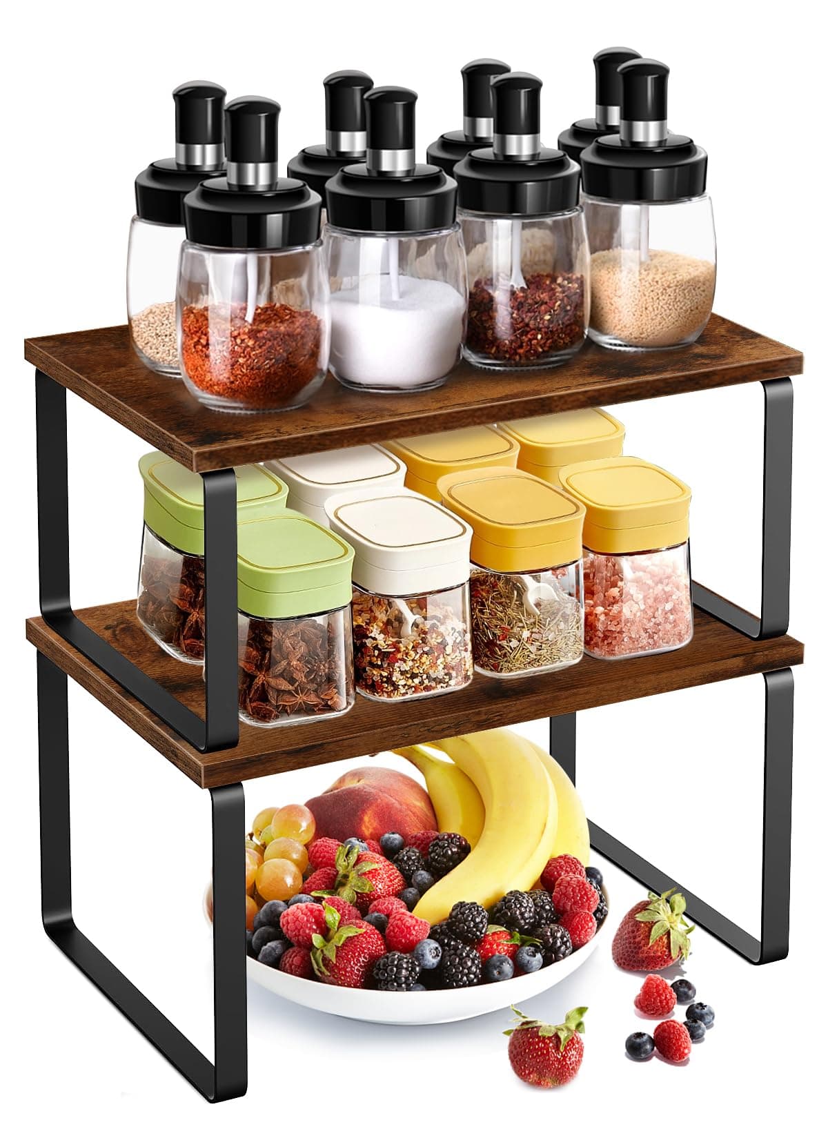 URbazaar 2 Pcs Counter Shelves Organizer,Spice Rack,Kitchen Stackable & Expandable Cabinet Shelf - Wood Organizer Expandable CounterTop Racks For Office, Bathroom & Bedroom, Metal and Wood