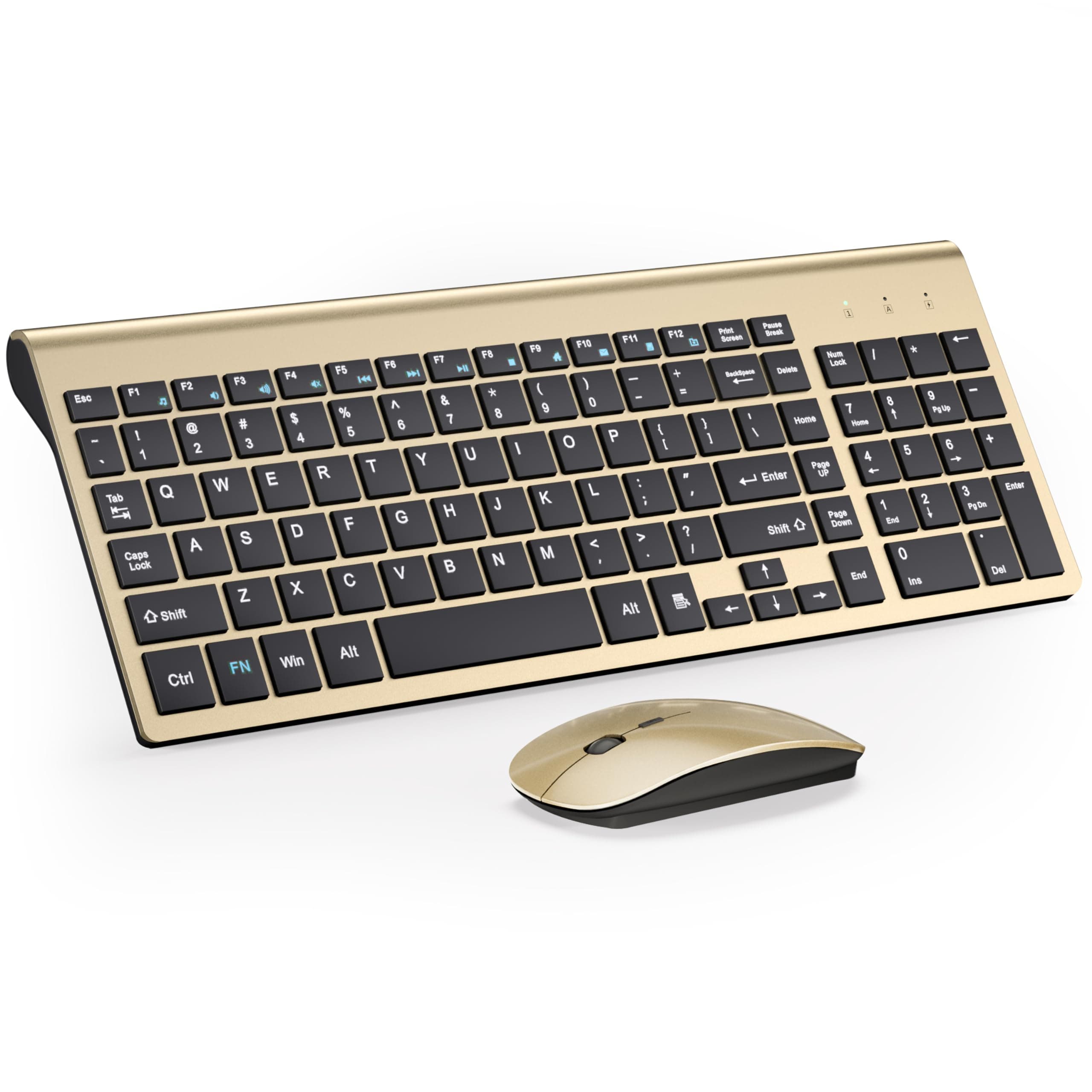Wireless Keyboard and Mouse Ultra Slim Combo, TopMate 2.4G Silent Compact USB 2400DPI Mouse and Scissor Switch Keyboard Set with Cover, Batteries Included, for PC/Laptop/Windows/Mac - Gold Black