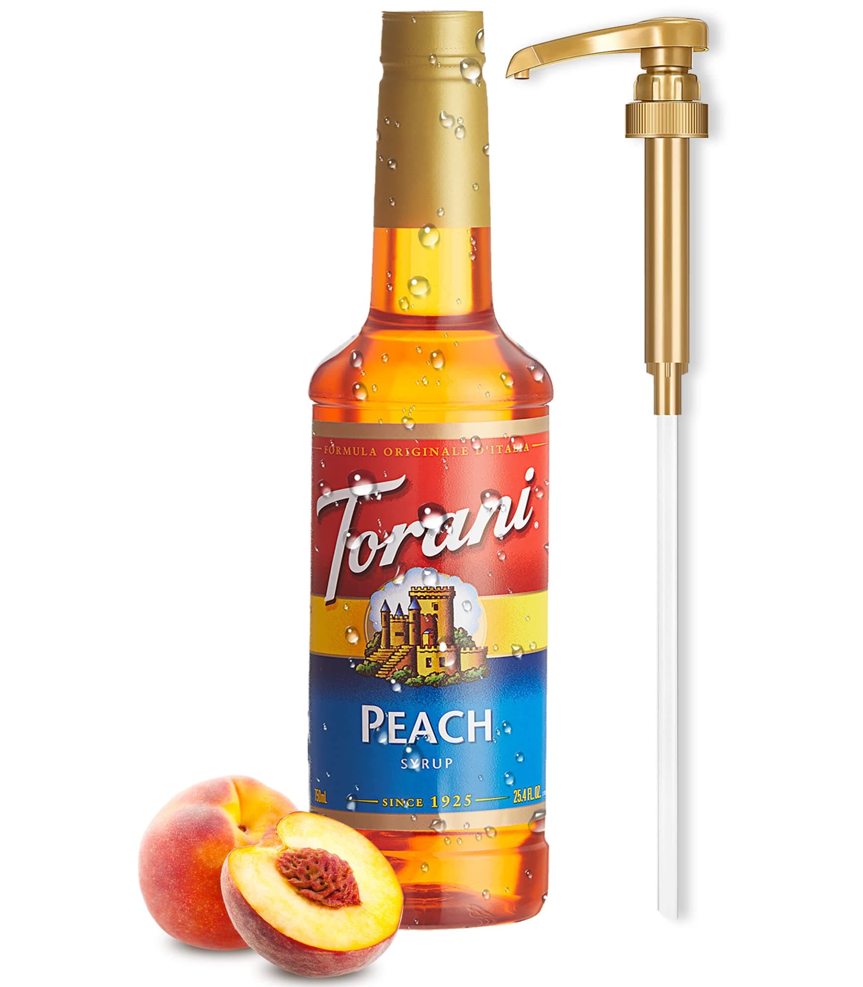 Peach Syrup for Ice Tea & Drinks 25.4 Ounces Flavoring for Drinks with Little Squirt Syrup Pump