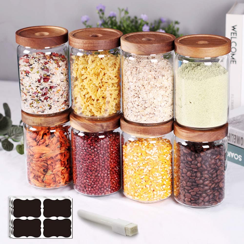 Stackable Kitchen Canisters Set of 8,High Borosilicate Glass Cylinder Airtight Food Storage, sort out the tea, flour, candies, grain easily and clearly