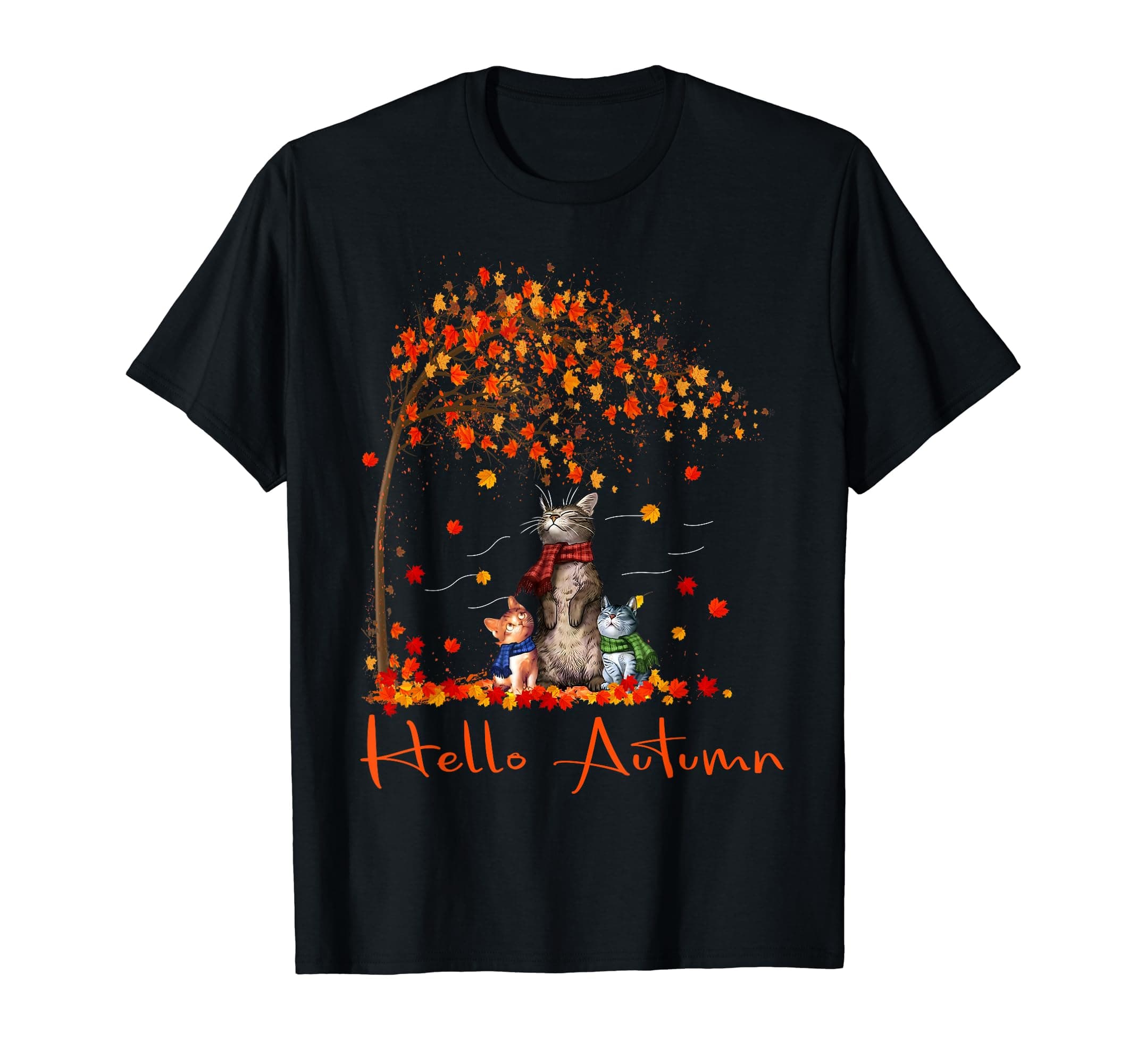 CatFunny Cat Leaf Fall Hello Autumn Cute Kitten Cat Lovers T-Shirt