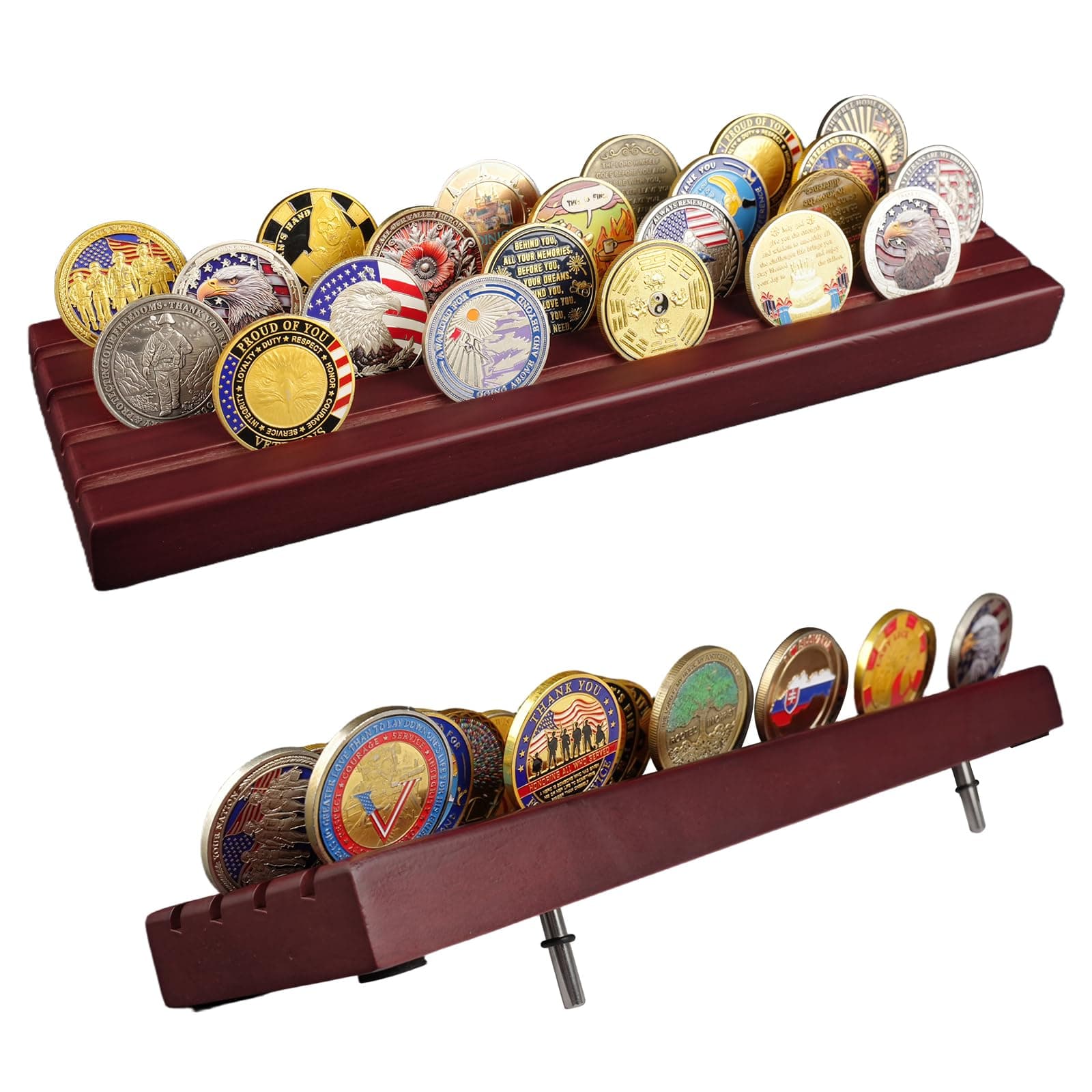 ASmileIndeep Military Challenge Coins Display Holder Solid Wood Challenge Coin Stand Holds 30 Coins 4 Row Military Coin Holder Rack for Desk,Challenge Coin Display Case for Collectors, Red