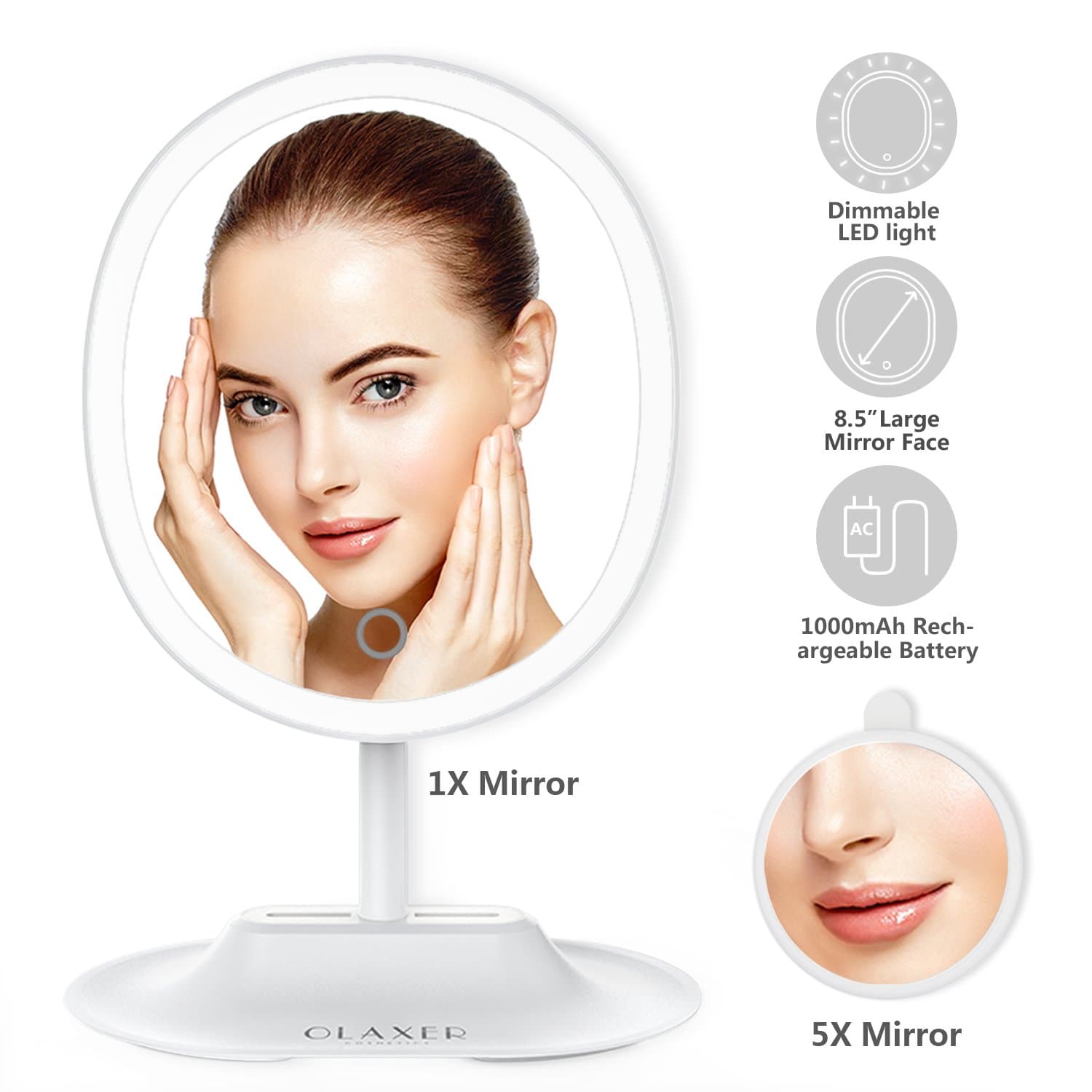 LED Makeup Mirror with 1X / 5X Magnification, USB Rechargeable Oval Vanity Mirror Touchscreen Dimmable LED Light for Countertop Cosmetic Makeup, White