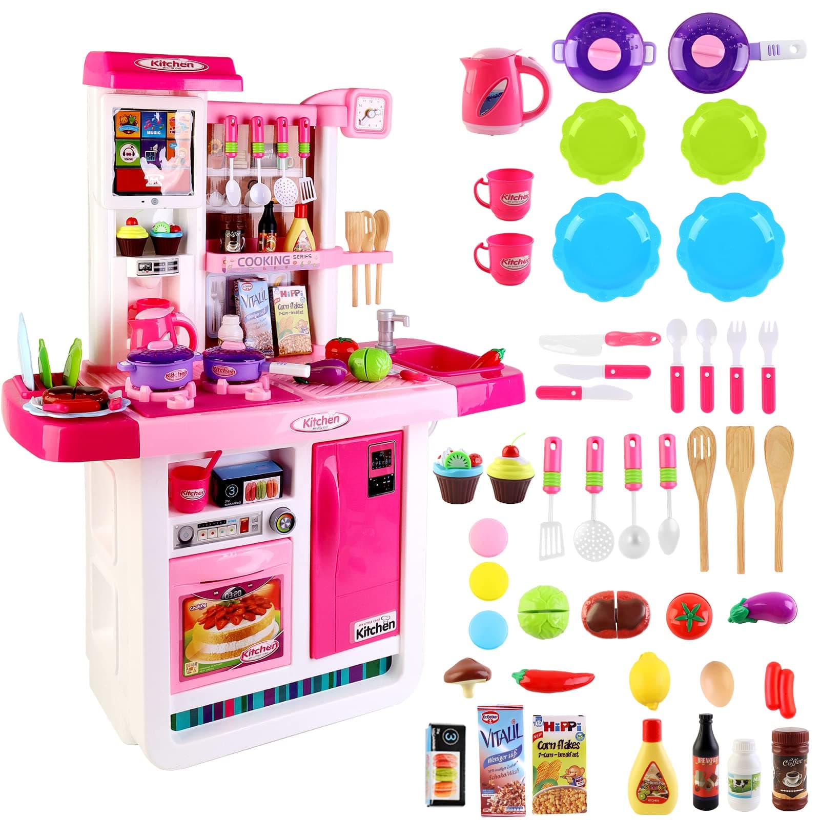 deAO My Little Chef Kitchen Playset with Sounds, Touchscreen Panel and Water Features – More Than 40 Accessories Included Pink K11P