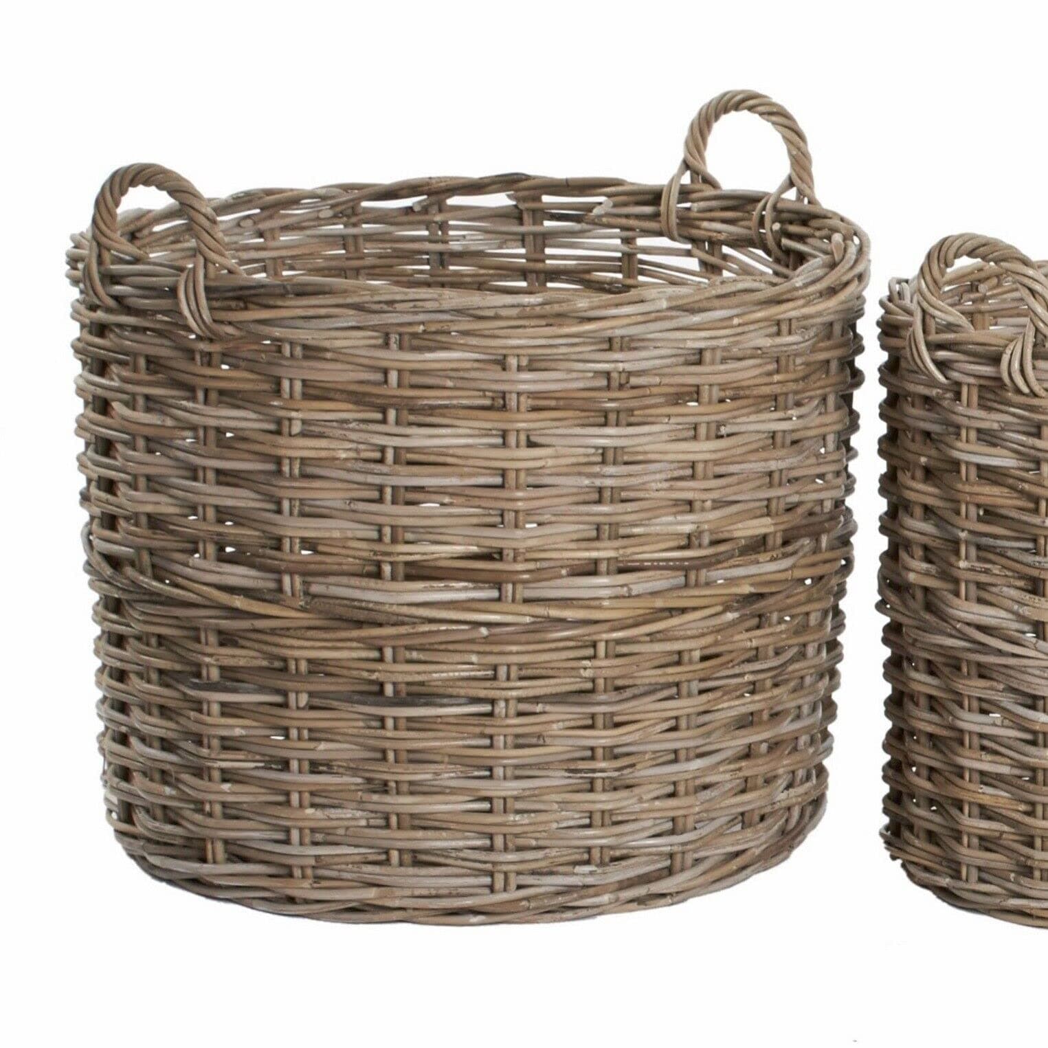 Round Wicker Log Storage Basket Grey and Buff Rattan Extra Large